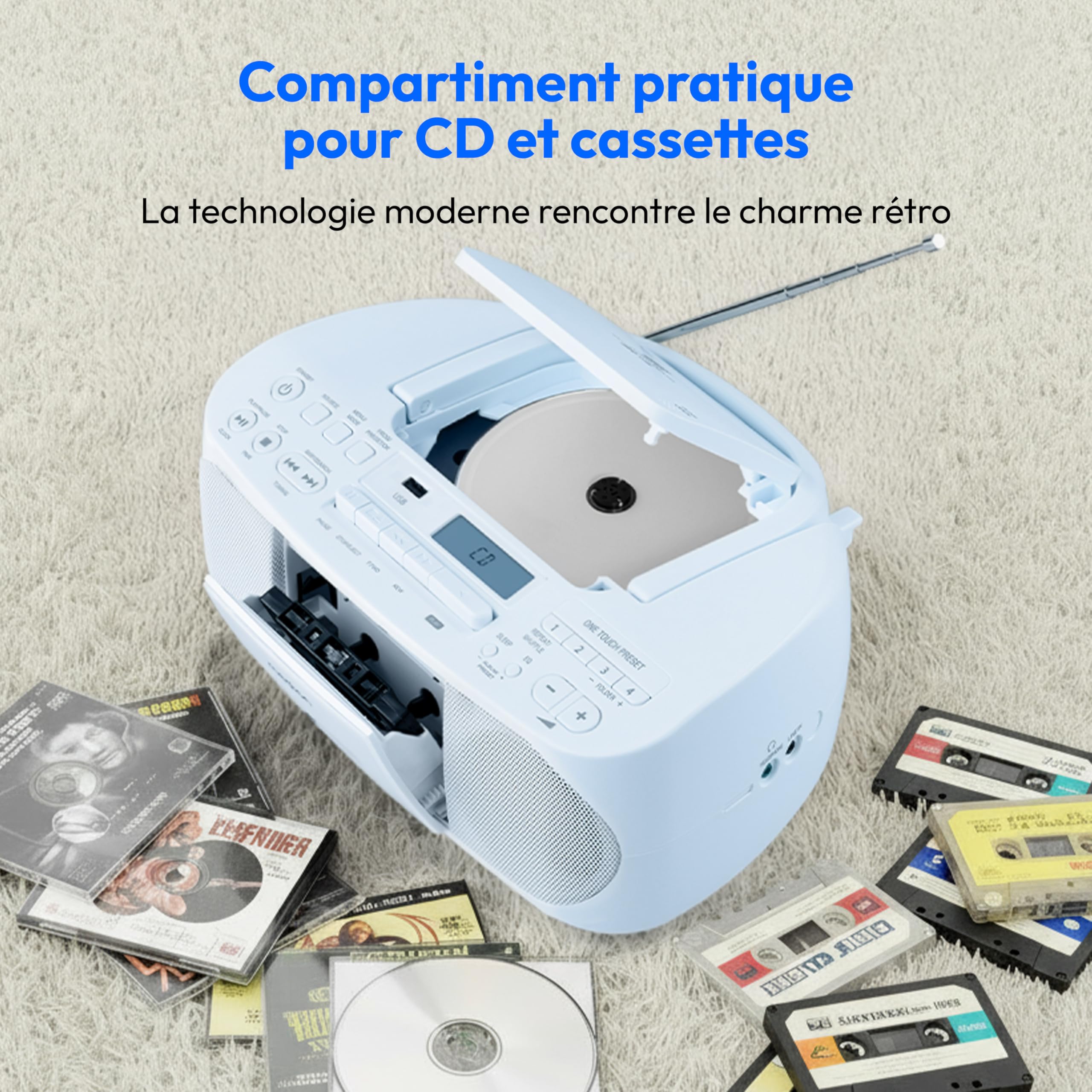 MEDION DRX-1 Plus Boombox Radio Portable DAB+ FM Bluetooth Lecteur CD MP3 Cassette Bleu