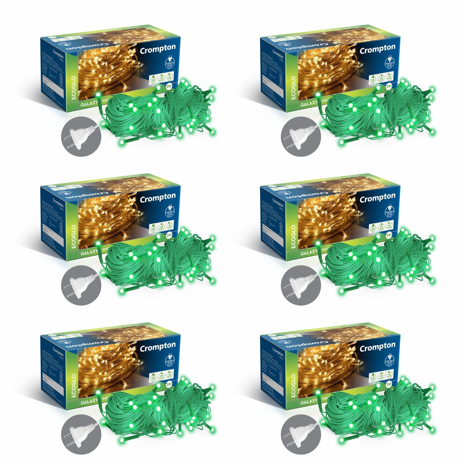 Crompton Galaxy Pixel Light | Festive Ladi Lights | 10 Meter | 48 LEDs | Green | Pack of 6 | Direct 2-pin Plug | BIS Safe Wire | for Home Decoration, Diwali, Festival, Birthday, Marriage