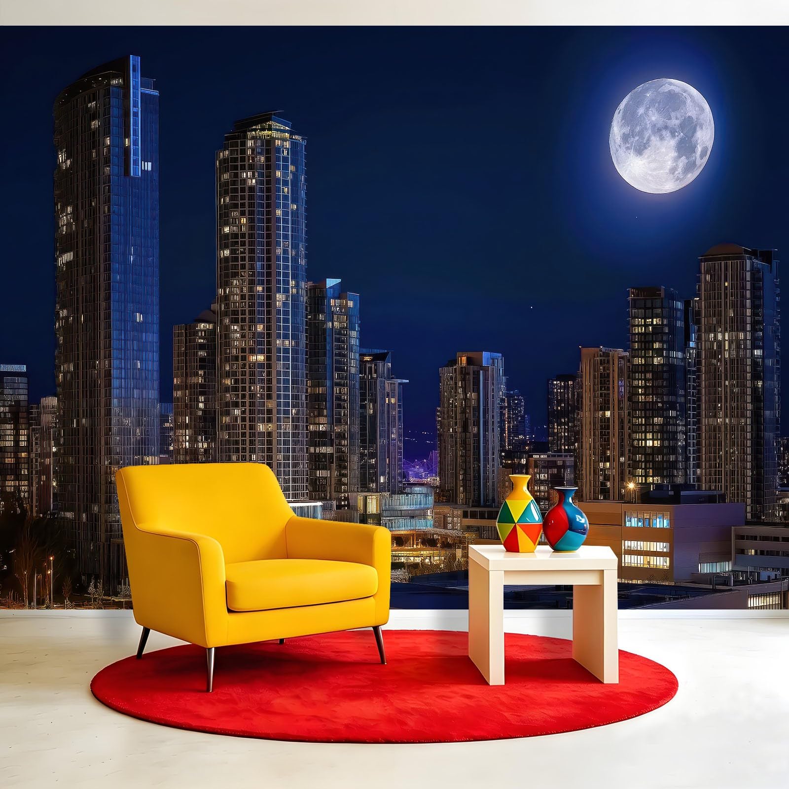 Tapeta fototapeta miasto księżyc noc scena 400 x 280 cm (szer. x wys.) fototapeta 3D włóknina fototapeta nowoczesna fotografia, do salonu TV funkcja ściany sypialni i kuchni dekoracje murale