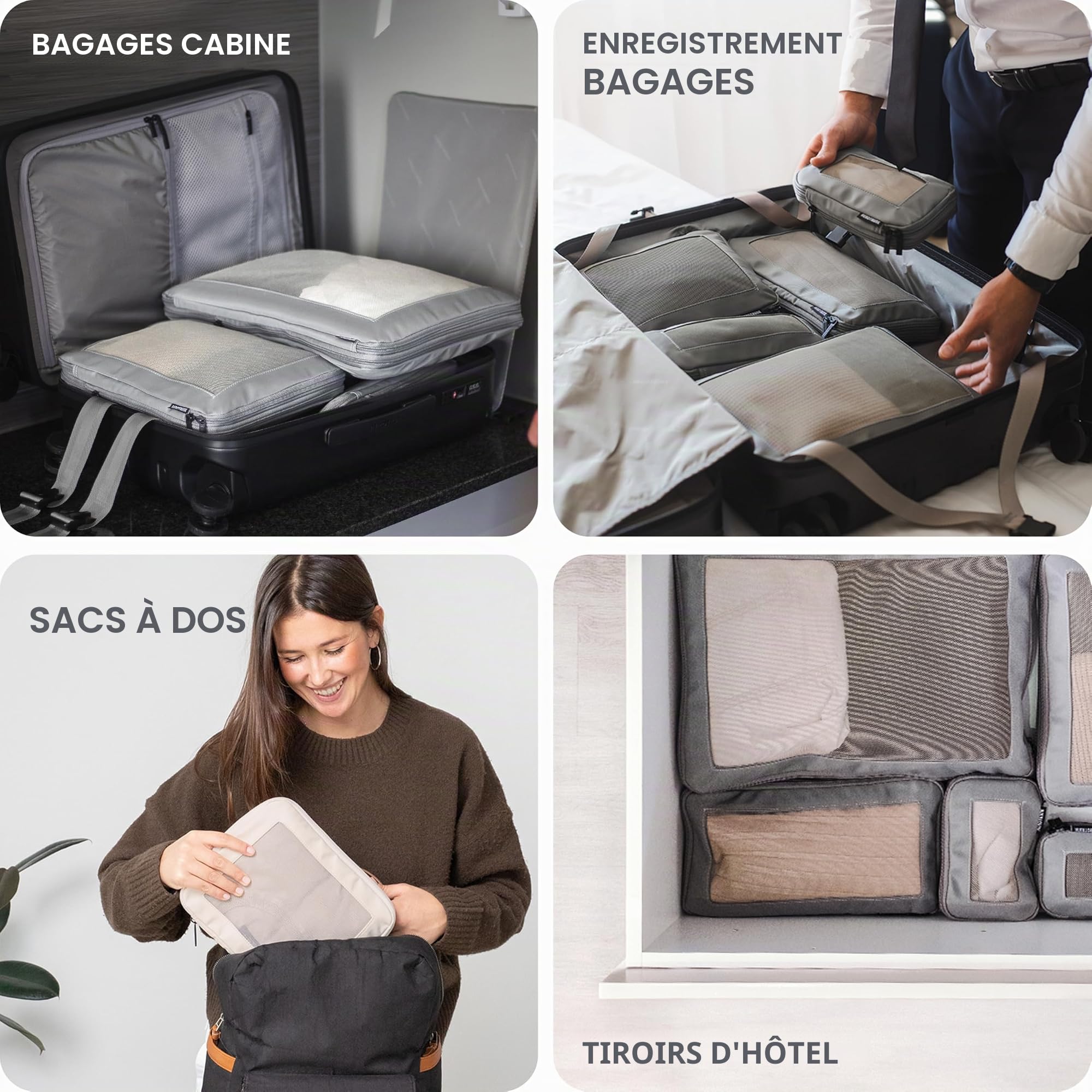 Aerotrunk Lot de 4 cubes d'emballage de compression pour voyage – Sacs de rangement de bagages – Cubes d'emballage à double fermeture éclair pour valises (lot de 4, noir)