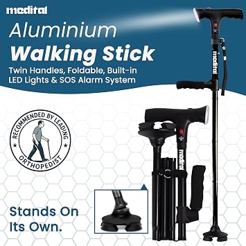 MEDITAL Folding Walking Stick with SOS Alarm & LED Light - 86-97cm Adjustable Aluminum Foldable Walking Stick for Men & Women - Stable Walking Cane Non-Slip Base Supports up to 113kg