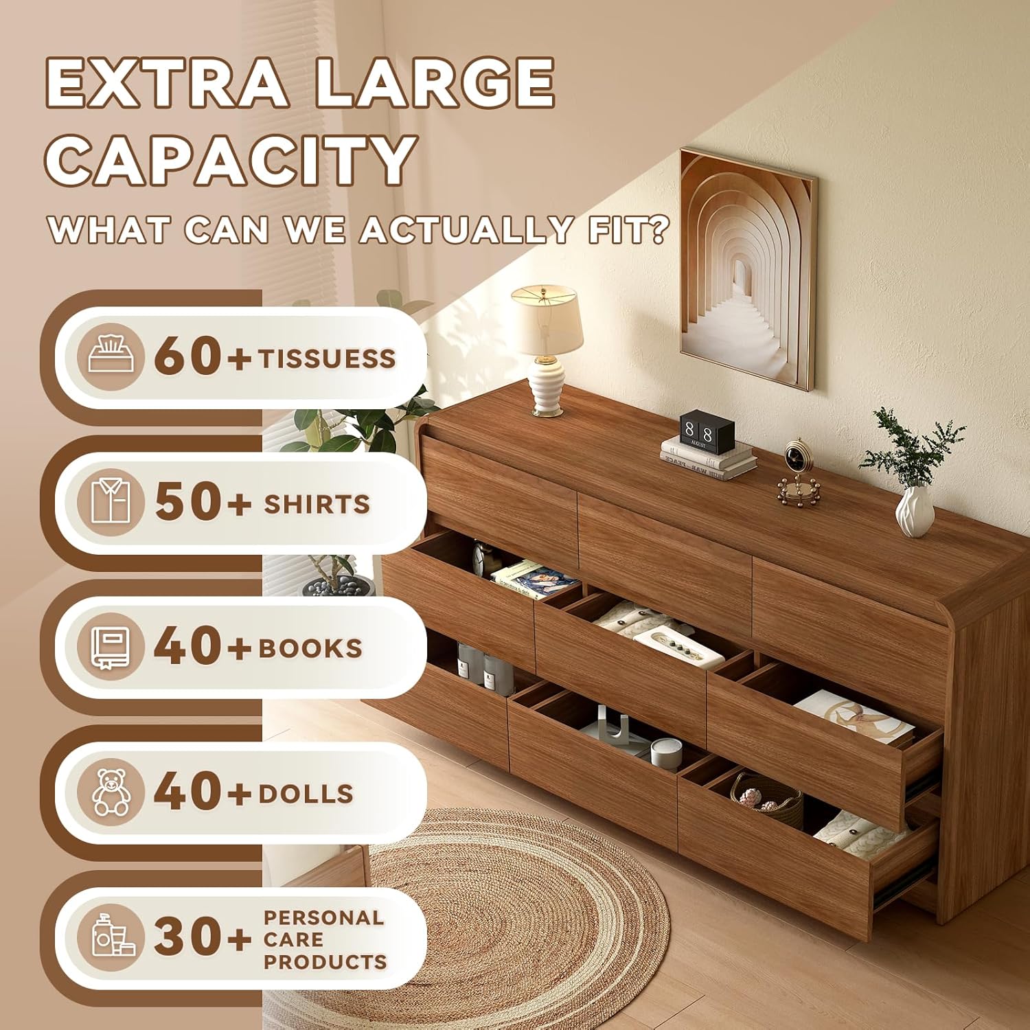 9 Drawer Dresser For Bedroom 63 Inch Wood Chest of Drawers - Curved Anti Collision, Mid Century Dresser For Closet with Natural Texture & Pre-Embedded Slots for TV Stand, Living Room, Nursery