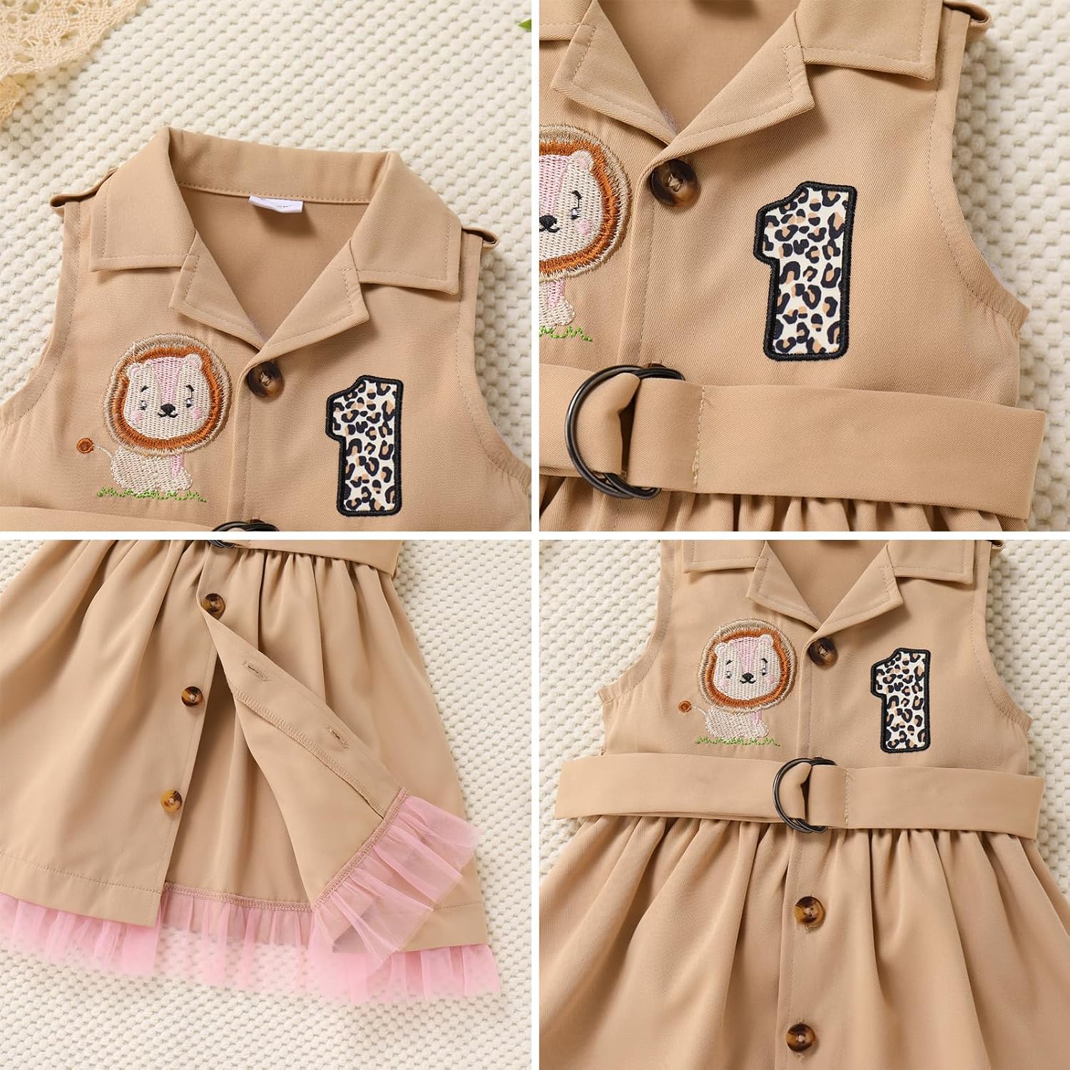 Infant Girl Safari Outfits with Hat Monkey Lion Elephant Zebra Baby 1st Birthday Cake Smash Button Tulle Dress