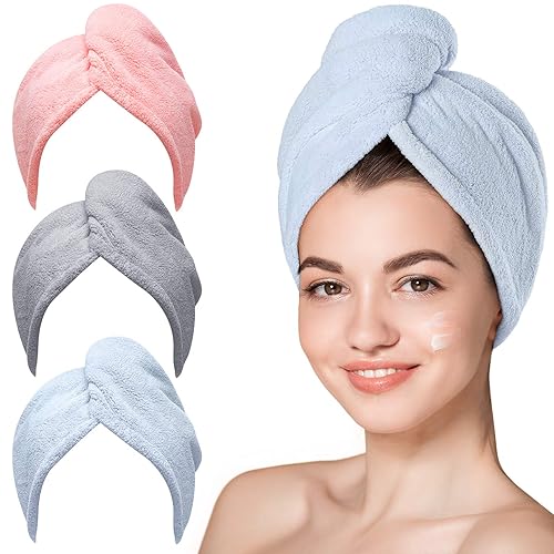 Hicober Microfiber Hair Towel, 3 Packs Hair Turbans for Wet Hair, Drying Hair Wrap Towels for Curly Hair Women Anti Frizz (Blue,Grey,Pink) - Blue,grey,pink - Large