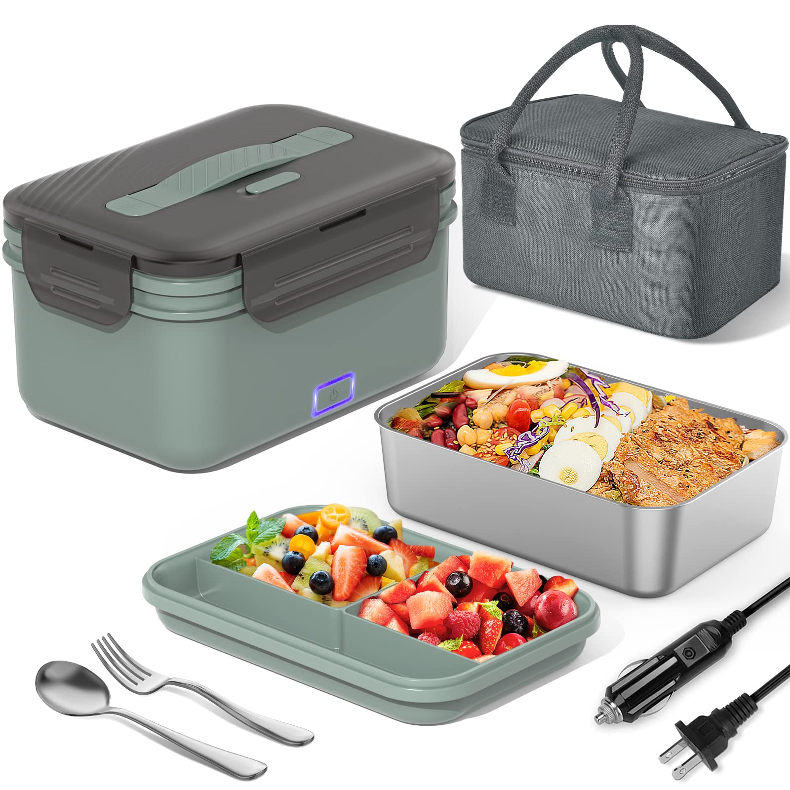 Herrfilk Electric Lunch Box Food Heater 100W, 4 in 1 Ultra Quick Heated Lunch Boxes for Adults, 12V/24V/110V/220V Portable Food Warmer for Car/Truck/Office With Fork Spoon and Insulated Carry Bag