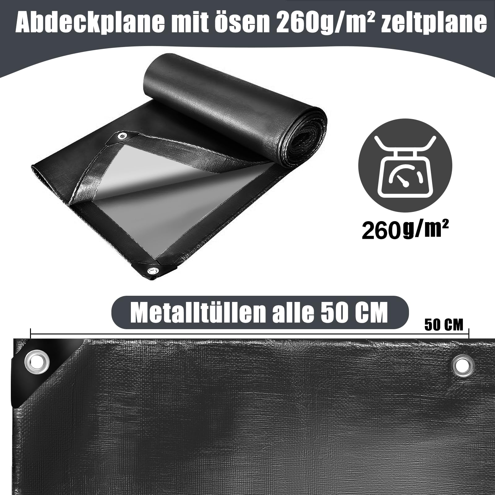 Gewebeplane Schwarz Abdeckplane mit ösen 260g/m² Zelt wasserdicht LKW Schutzplane Allzweck Reißfest UV Abdeckfolie für Gartenmöbel Trampolin Dach Auto Holz Boot Abdeckung (4m x 7m)