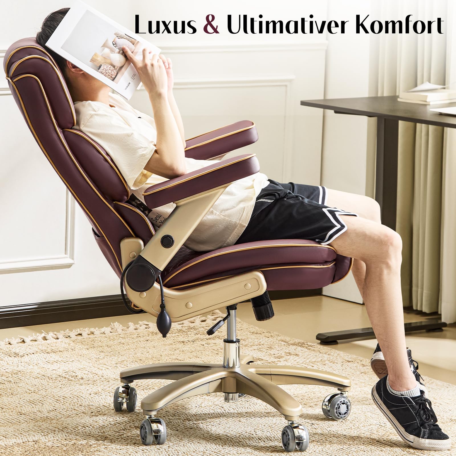 Bürostuhl, Chefsessel Ergonomisch bis 230kg, Big and Tall Schreibtischstuhl mit 5D-Armlehnen, Schwerlast Hoher Rücken mit Verstellbare Lendenstütze für Büro & Home Office, Leder Braun
