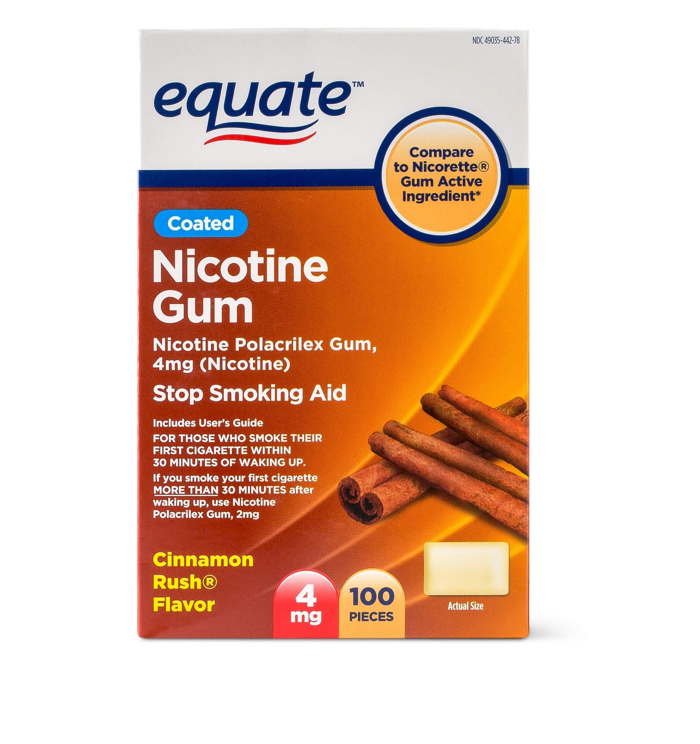 Equate - Nicotine Gum 4 mg, Coated, Cinnamon Rush Flavor, 100 Pieces