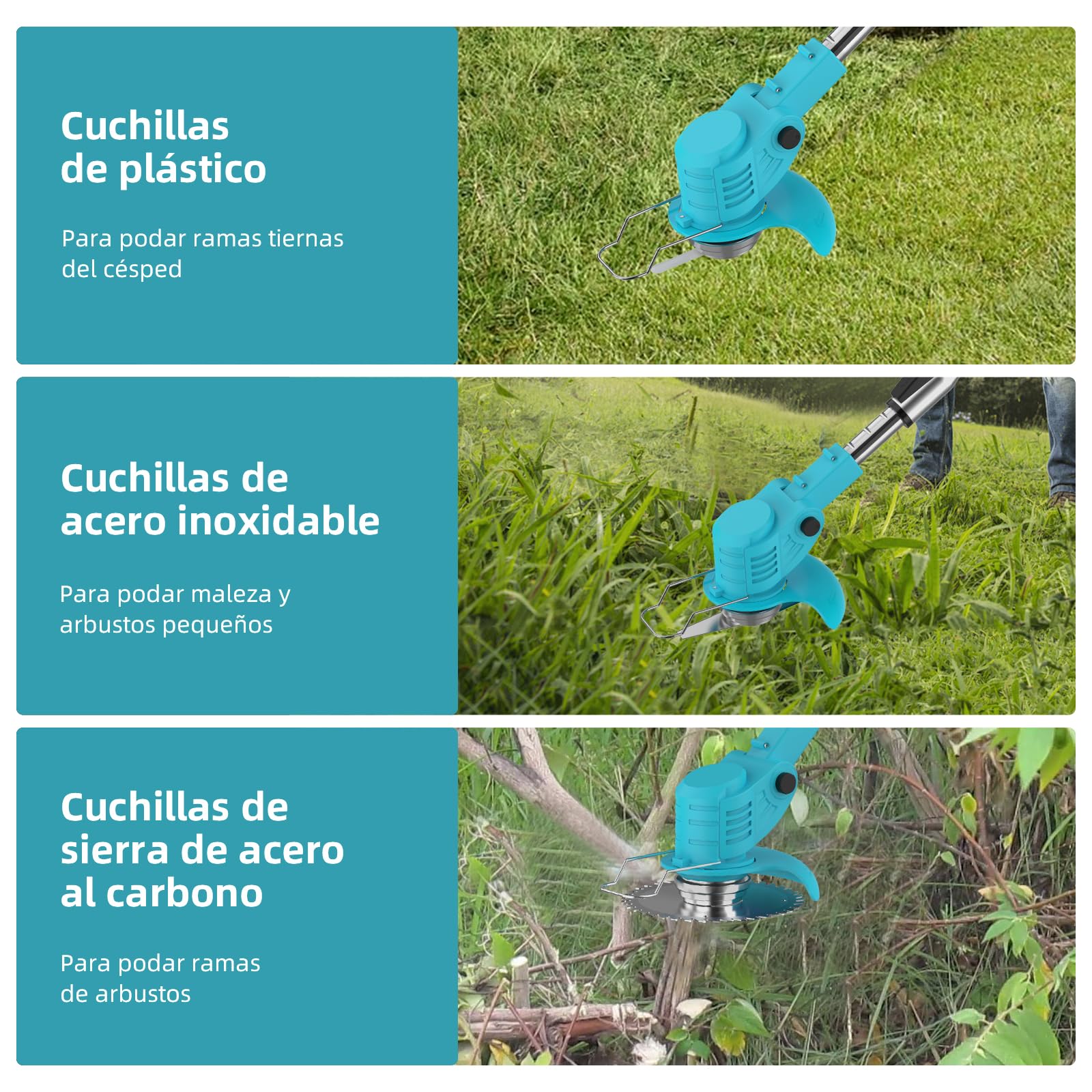 Desbrozadora Batería 21V, Desbrozadora Eléctrica, Equipado con 2 Baterías de 2.0Ah, 4 Cuchillas de Alta Eficiencia y Mango Ajustable, para Uso en Hogar, Patio y Jardín