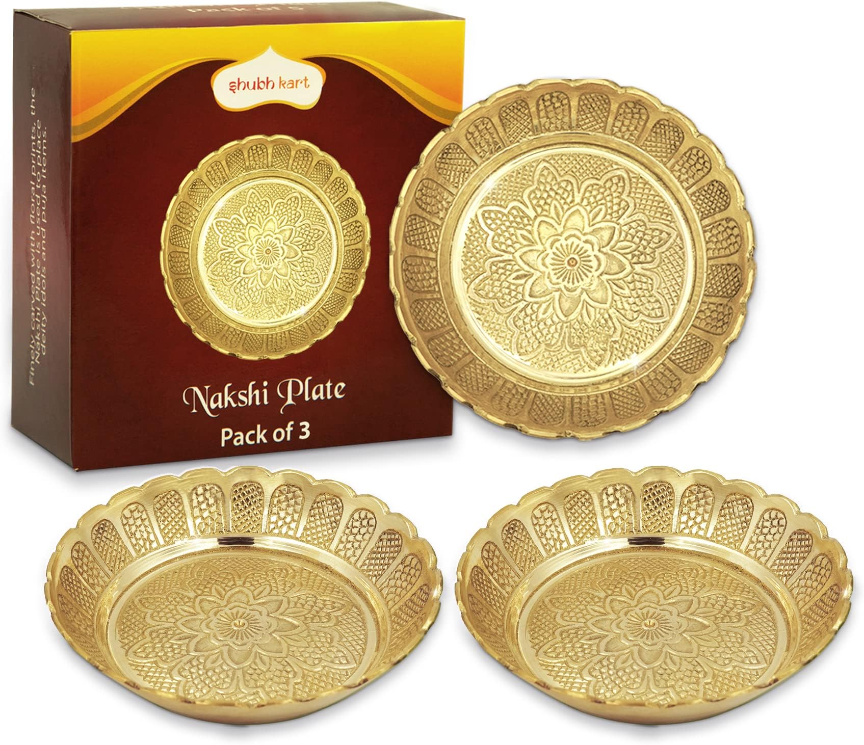 Set of 3 Nakshi Plate, Decorative Brass Indian Prasad Plate