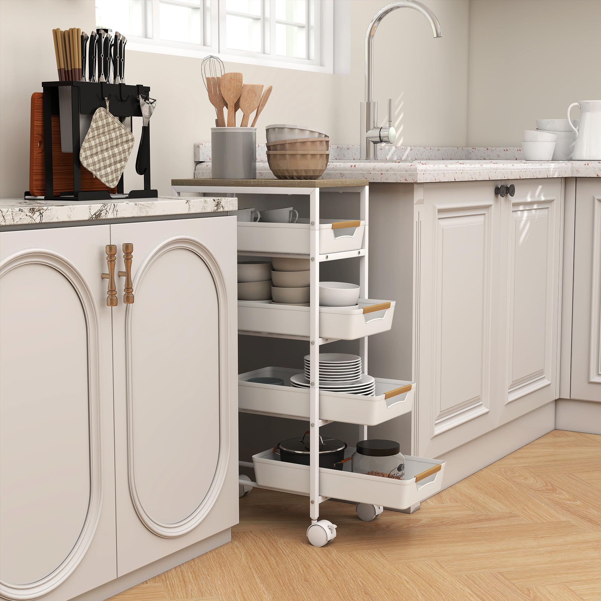 HOMCOM Carrello Cucina 5 Livelli 4 Cassetti 39.5x24x82 cm Bianco e Rovere | Estraibili, 4 Rotelle, Carrello Portavivande Salvaspazio, Metallo PP e Legno