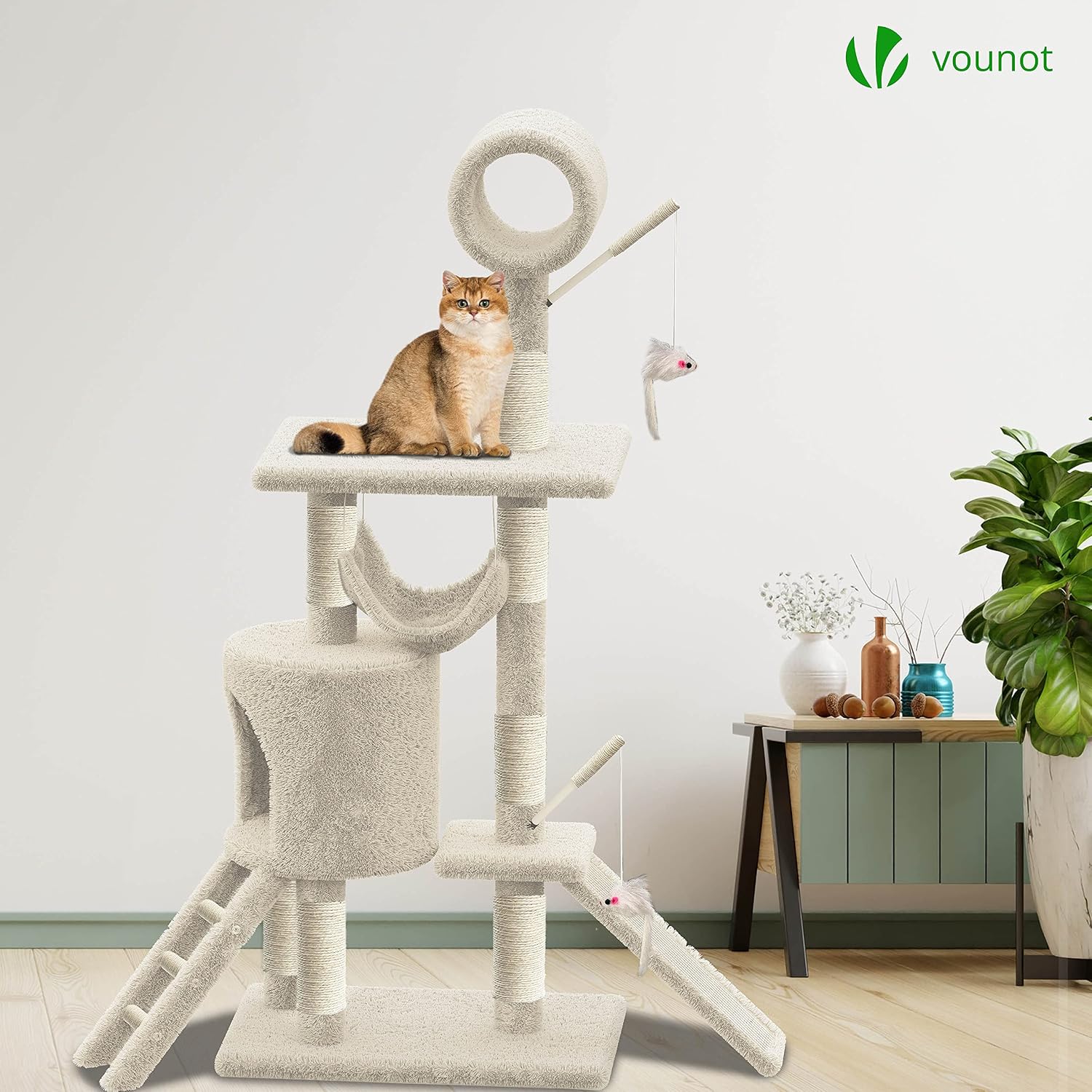 VOUNOT Cat Tree Tower with a cat sitting on the top platform