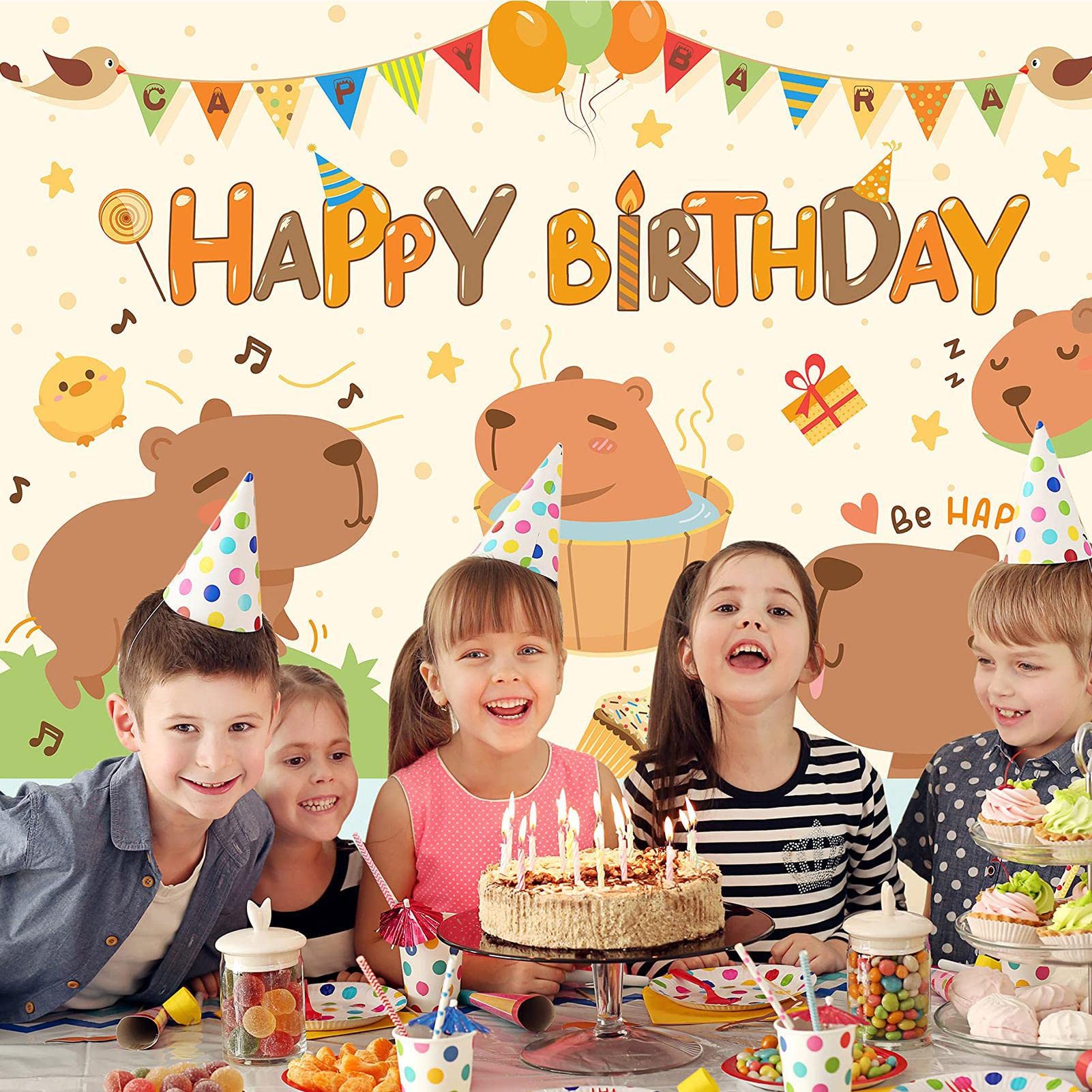 Capybara – Bannière D'anniversaire Pour Enfants | Affiche Décorative « Happy Birthday » Capybara, Granbannière Mignonne Pour Fête D'anniversaire Pour Enfants, Affiche D'animal Dessin Animé