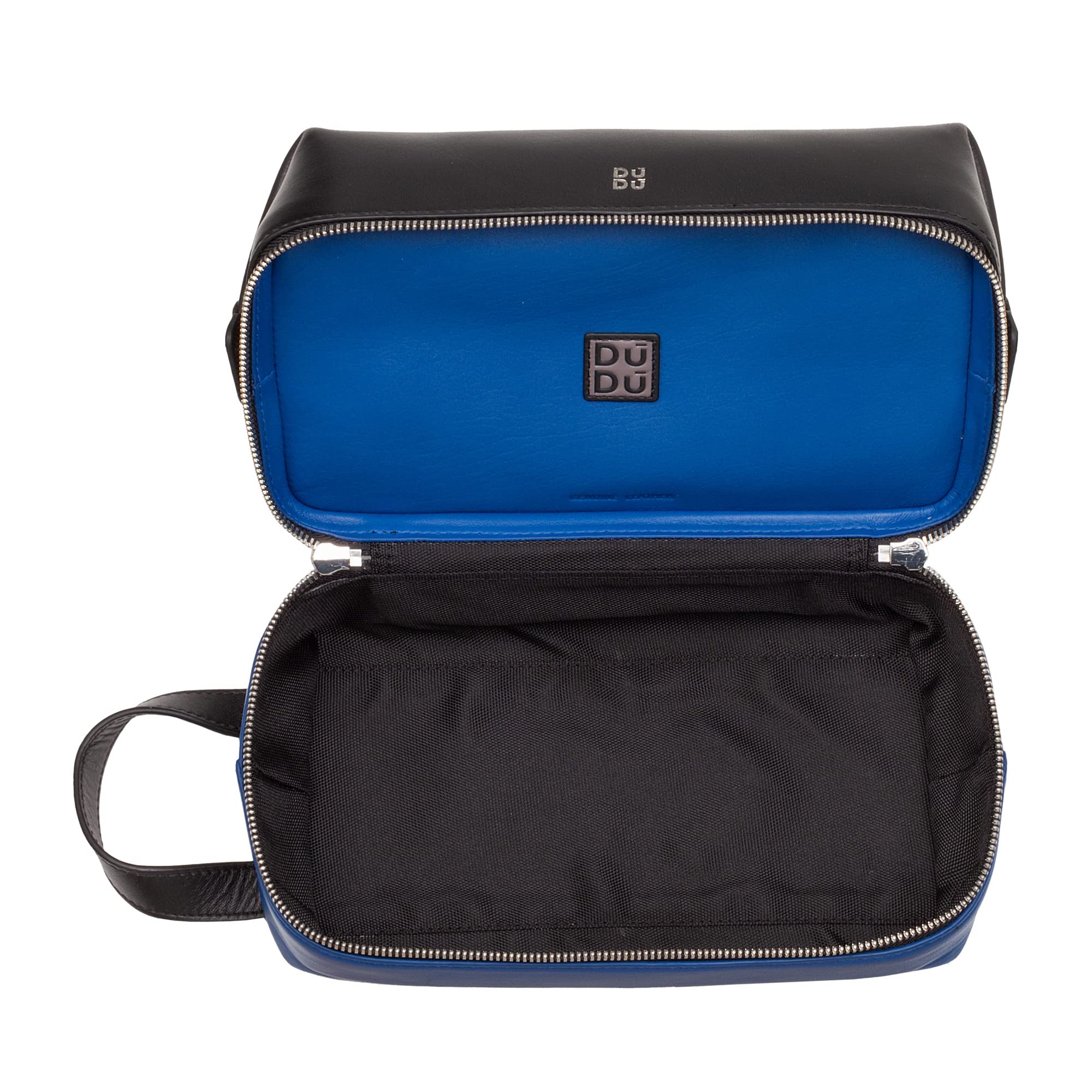 DUDU Beauty Case da Viaggio Uomo Donna, Borsa da Toilette in Pelle Colorata a Mano, 2 Scomparti con Maniglia Nero