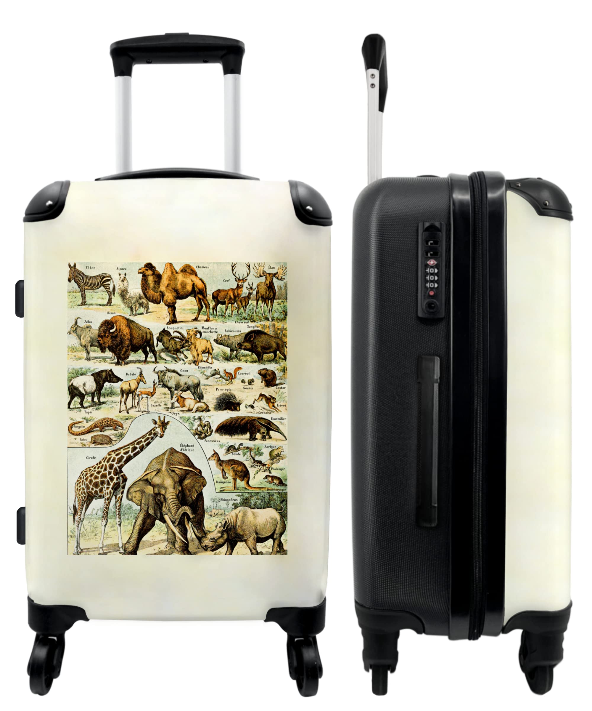 NoBoringSuitcases© Valigia Grande - Trolley Rigido 4 Ruote - 90 Litri | Vintage - Fauna Selvatica - Safari - Illustrazione - Arte - Lucchetto a Combinazione TSA