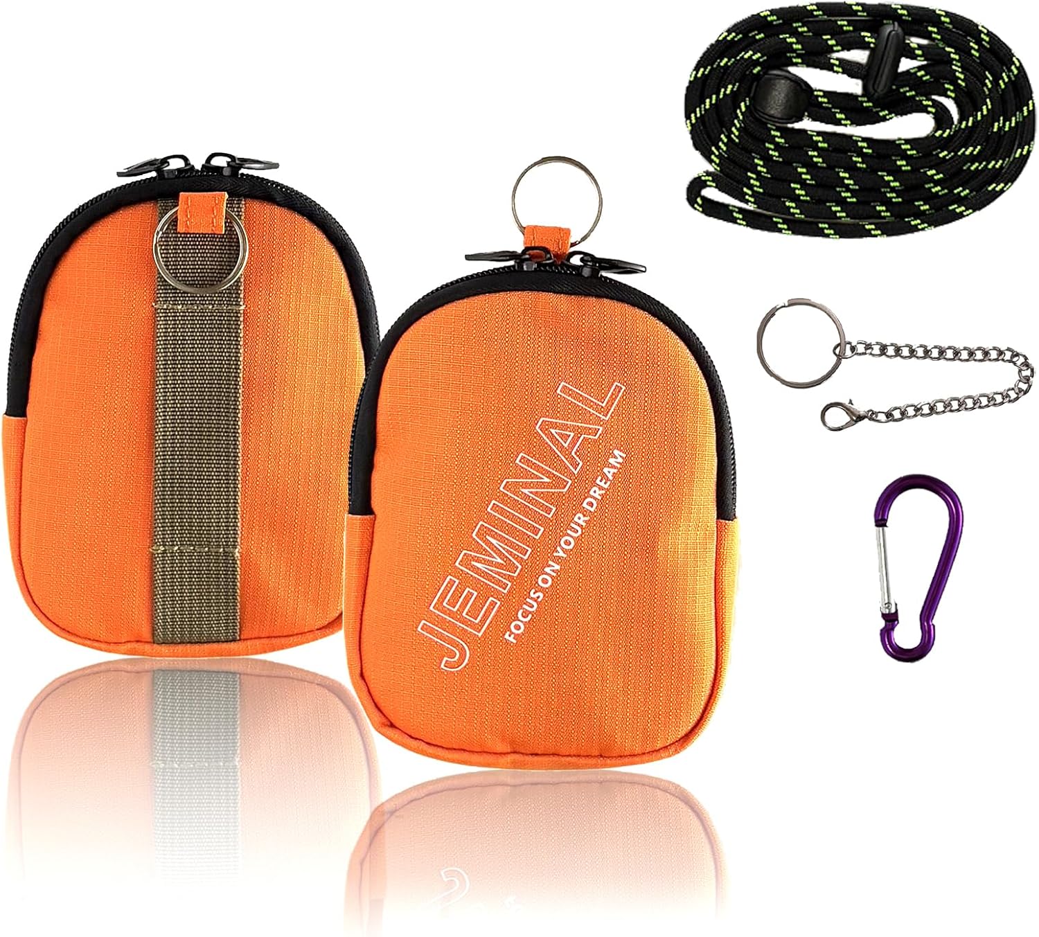 JEMINAL Nylon Double Zipper Coin Wallet with Belt Loop & Detachable Lanyard, Lightweight Coin Pouch for Keys Cards Coins, Orange