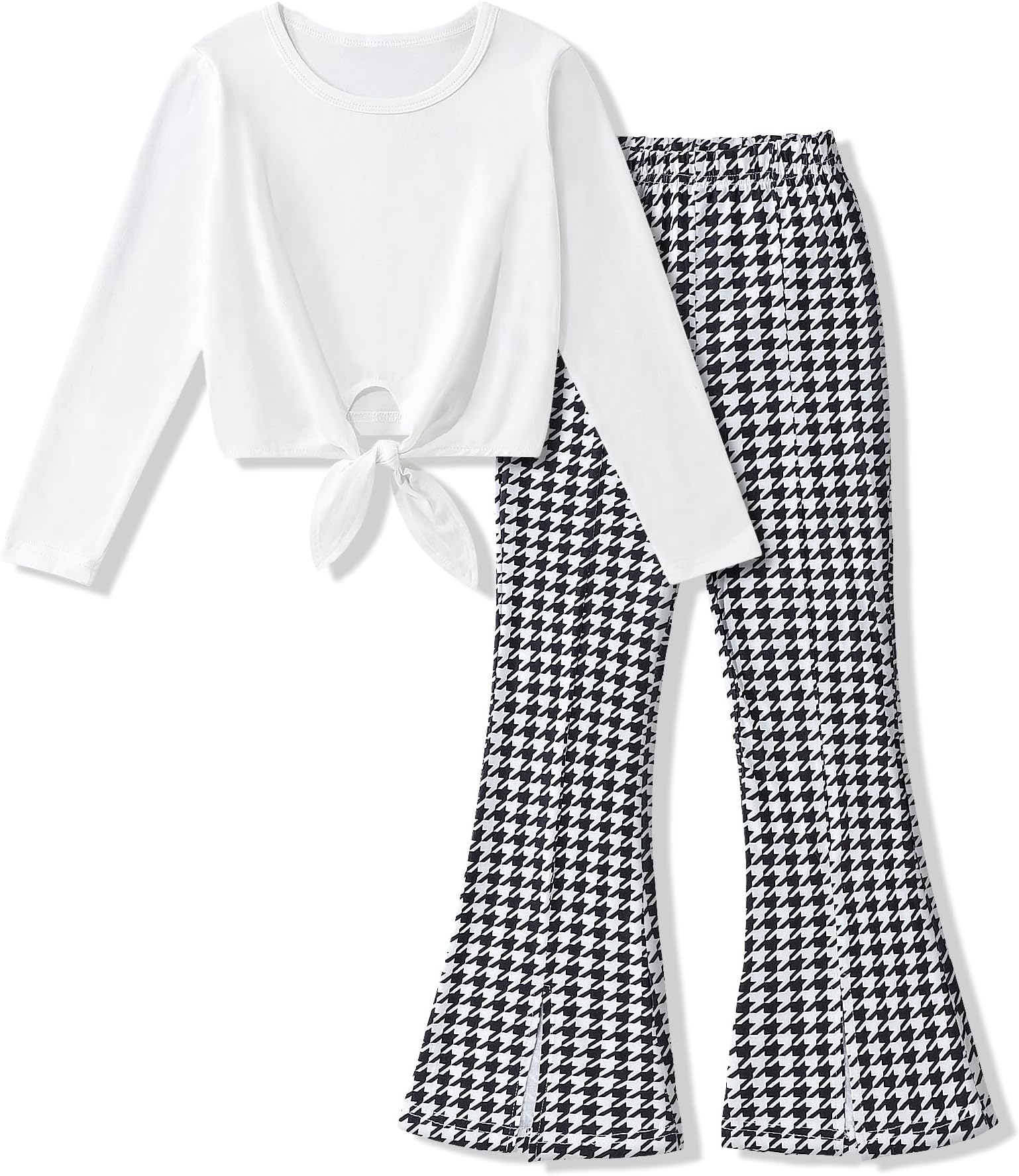GaupafmbGirl Clothes Solid Knot Front Long Sleeve Pure T-Shirt Tops Split Flare Pants 2Pcs Toddler Girl Outfit