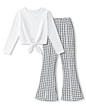 Girl Clothes Solid Knot Front Long Sleeve Pure T-Shirt Tops Split Flare Pants 2Pcs Toddler Girl Outfit