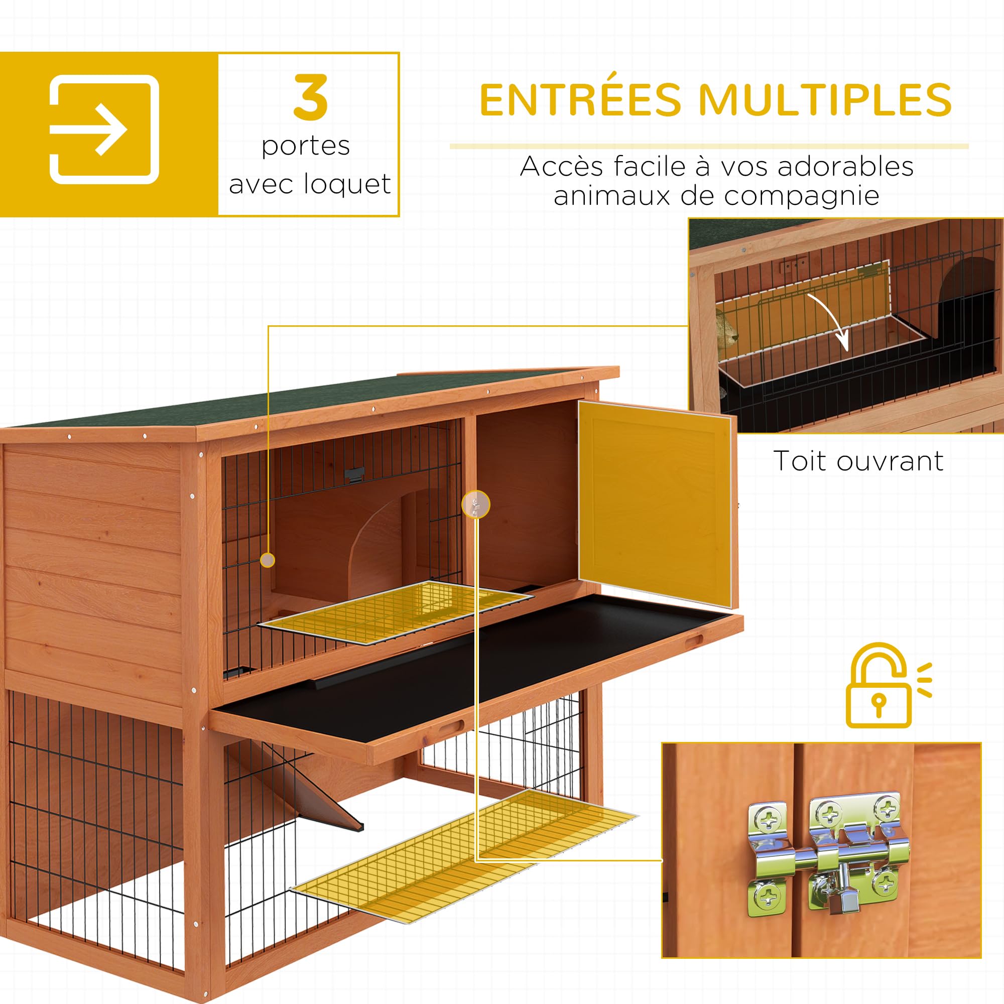 PawHut Clapier à Lapin Cage à Lapin 2 étages avec 3 Portes verrouillables Plateau Coulissant Rampe et Toit bitumé Bois Massif, 120 x 50 x 92 cm, Orange