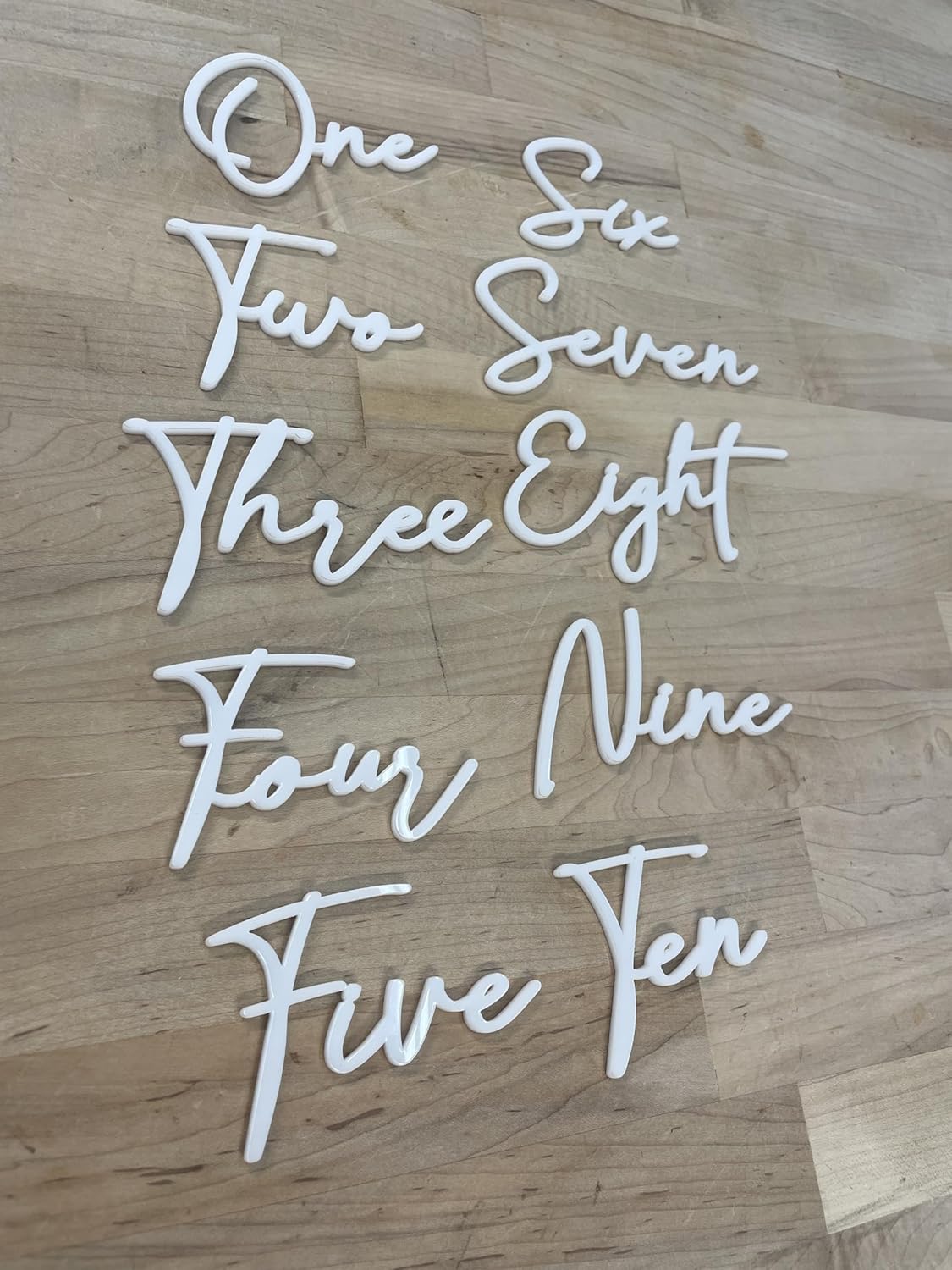Cursive Wedding Table Number SET, DIY thin modern Black or White acrylic cutouts with silicone glue included. Words only, no backing (One - Fifteen, Gloss White)