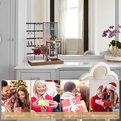 Vista 7 de ZOOS Soporte organizador de joyas de 5 niveles organizador de aretes con soporte para anillos y bandeja de madera, soporte de joyería para venta