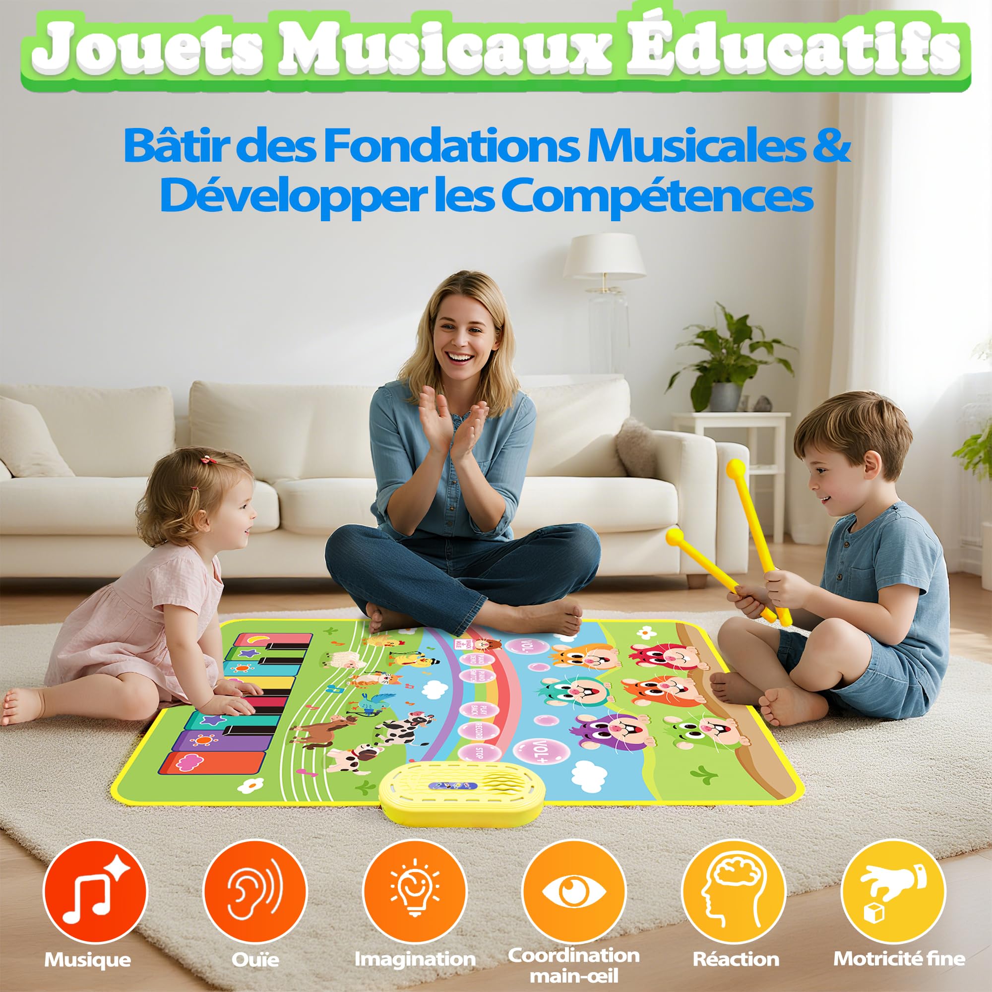 MOMUSE Tapis Musical Tape-Taupe, Tapis Piano 3 en 1 | Réglage du Volume à 10+ Niveaux, Jouet Bebe 1 2 3 Ans, Cadeaux d'anniversaire pour Bébés Enfants 3 4 5 Ans