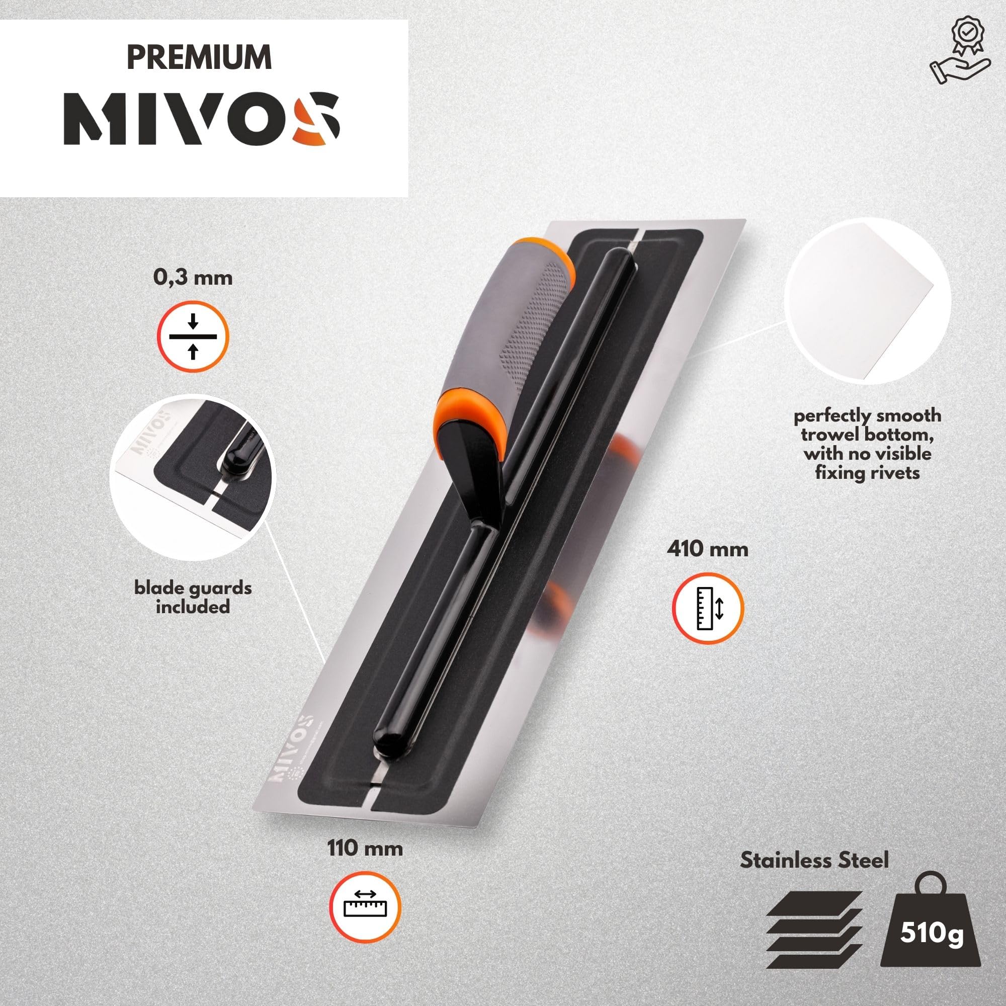 MIVOS Premium smoothing trowel made of high-quality stainless steel, 410 x 110 mm, professional smoothing disc, trowel - Image 3