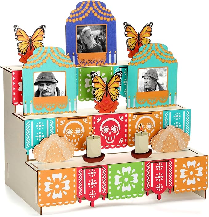 Leinuosen Dia De Los Muertos Ofrenda Altar Decoration Day of The Dead Decor Wooden Box with Marigold Monarch Butterfly Photo Frame Candle Sugar Skull for Mexican Picado Banner Remembrance Supplies