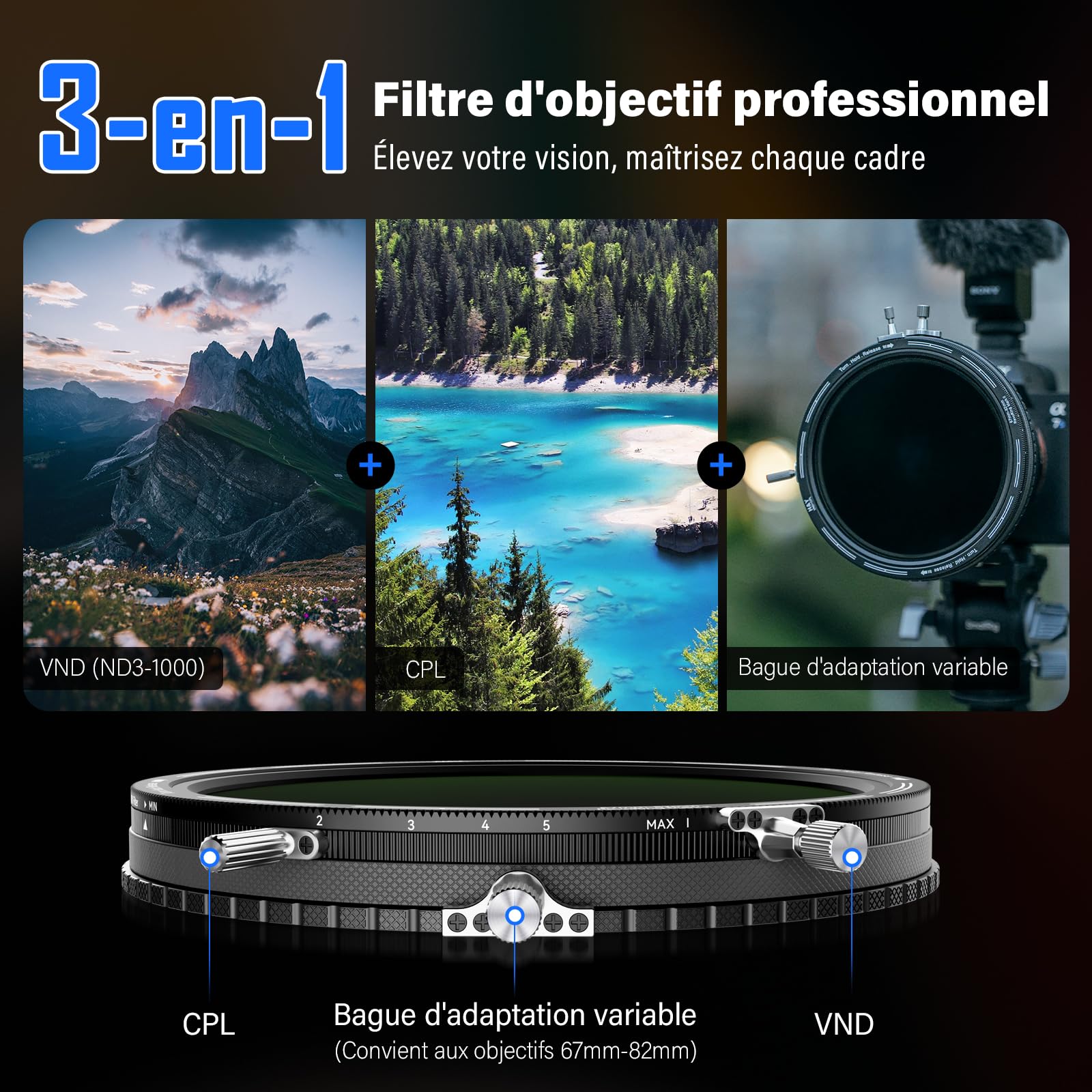 H&Y RevoRing MKⅡ 62mm 72mm 77mm 82mm Filtre ND Variable et polariseur Circulaire Objectif Photo 3-en-1 VND (ND3-1000) avec Bague d'adaptation réglable 22 Couches nanocoaté