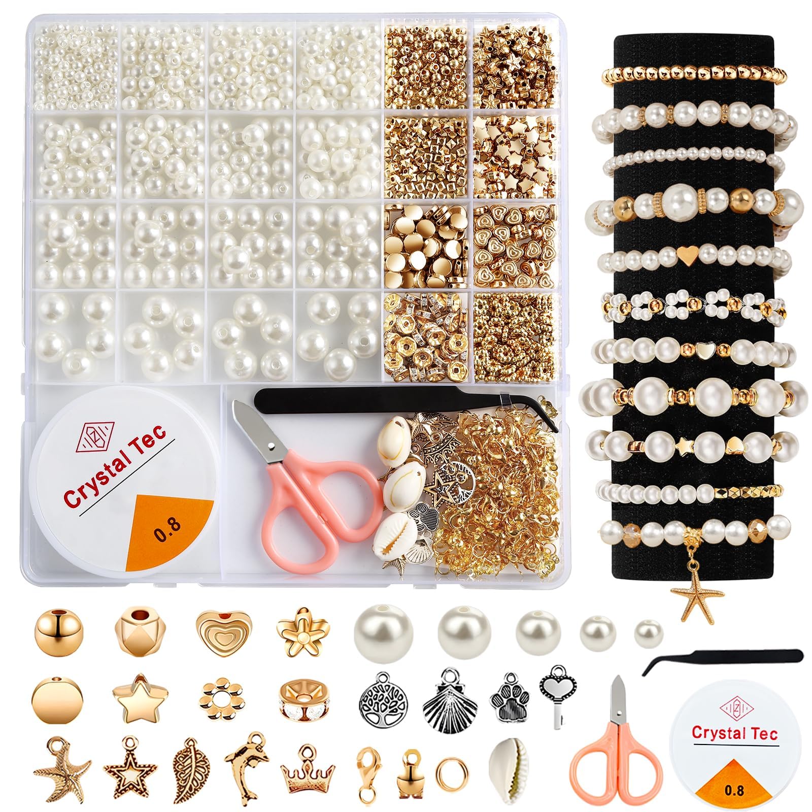 1200Pcs Pearl Beads for Bracelets, Bracelet Making Kit for Adults, Kids Friendship Bracelet Kits, Jewelry Making Kit with String and Charms for Girls Teens DIY Pearls Kit for Bracelet Necklace Earring