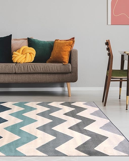 Modern Style Rugs Venus Home Accessories Zig Zag Chevron Duckegg Teal Navy Blue Area Rug. Living Room, Bedroom, Conservatory, Office, Lounge. 120x170cm