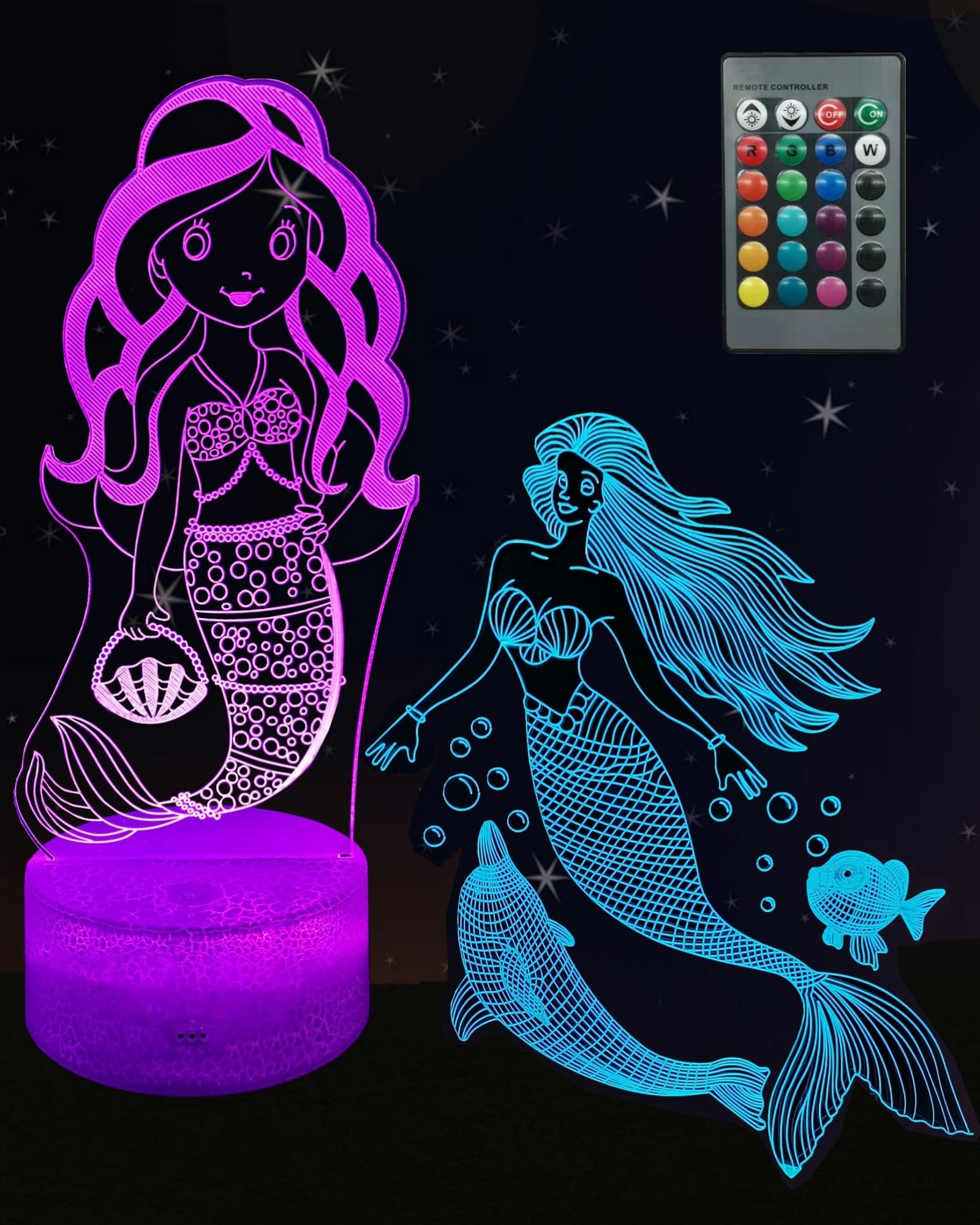 Kenmaca Mermaid 3D Illusion Night Light, 2 Patterns, Girl Gift LED Lamp