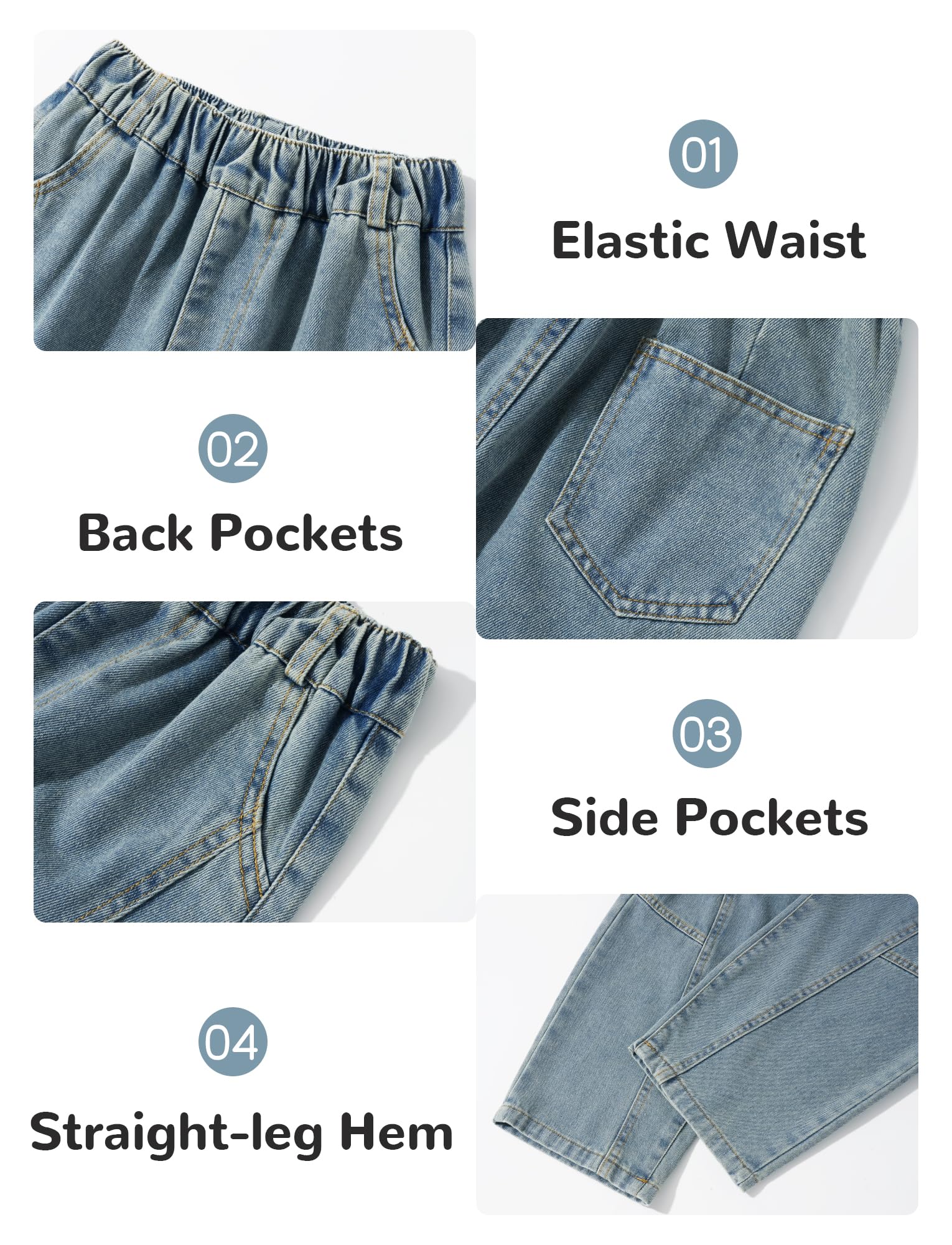 Jeans Baggy Garçons Enfants Pantalon en Denim à Coupe Droite Pantalon en Jean Taille Élastique Jeans Coupe Droit 5-14 Ans