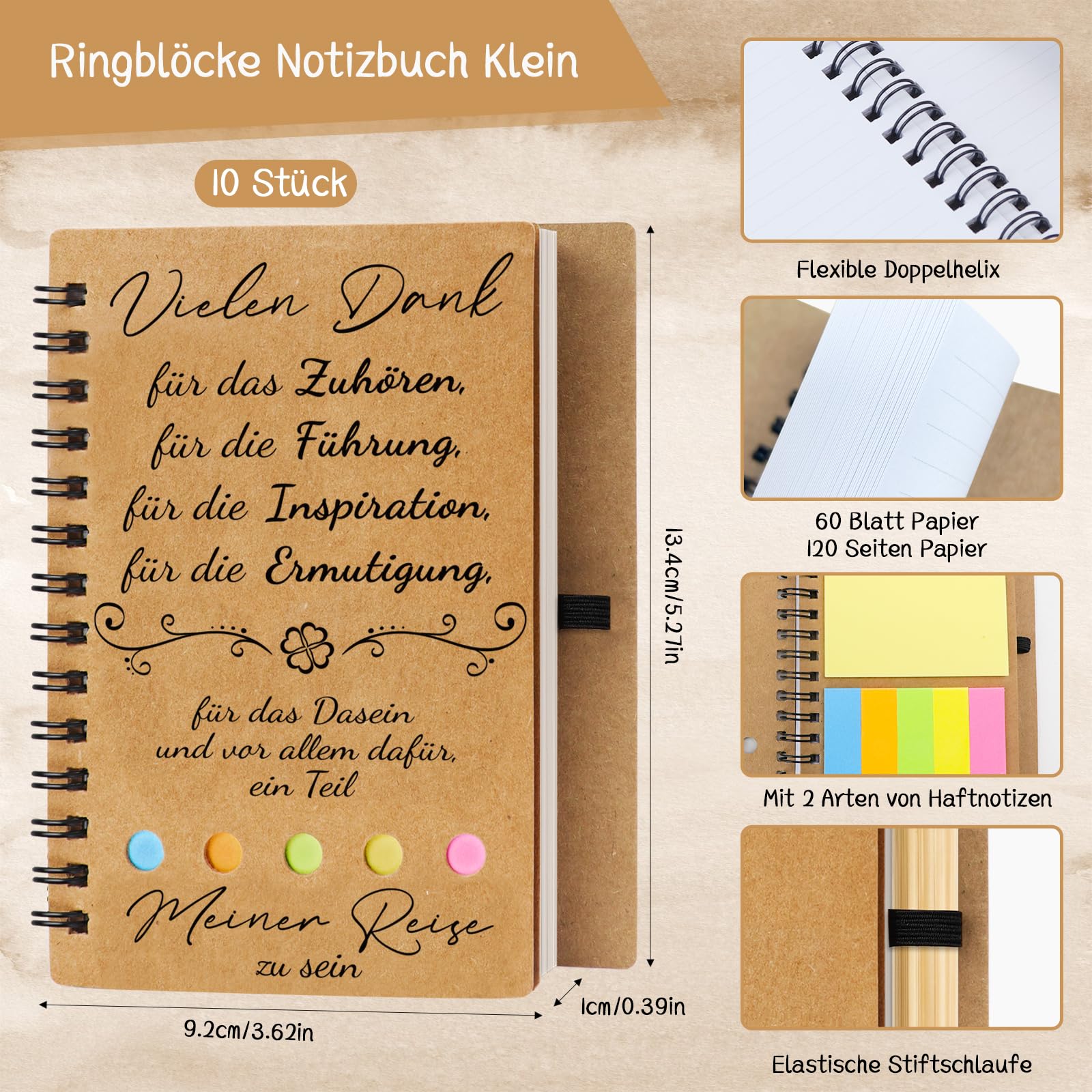 10 Sets Dankeschön Geschenke Klein, Notizbuch Klein mit Kugelschreiber und Organzabeutel, Vielen Danke für Alles, Abschiedsgeschenk Kollegen, Danke Geschenk Kollegin Erzieherin Lehrer Freunde