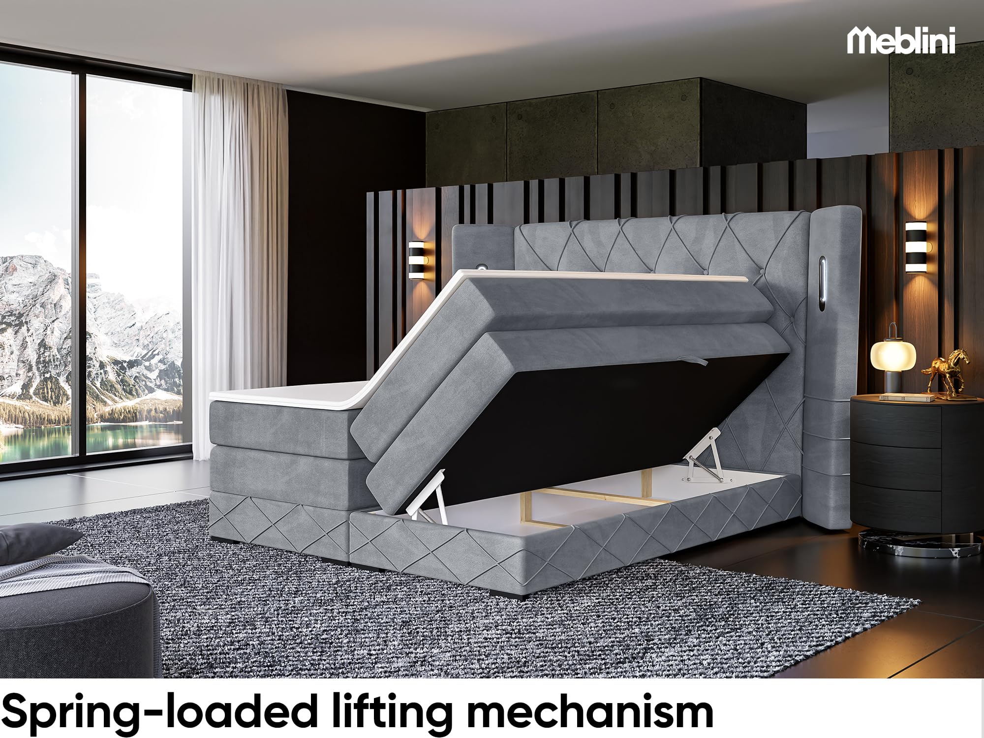 MEBLINI King Boxspringbett mit Bettkasten - Gepolstert Doppelbett mit Matratze und Topper - Polsterbett mit Stauraum - Bett mit LED Kopfteil - Stauraumbett - Manuel - 180x200 - H3/Grau Samt