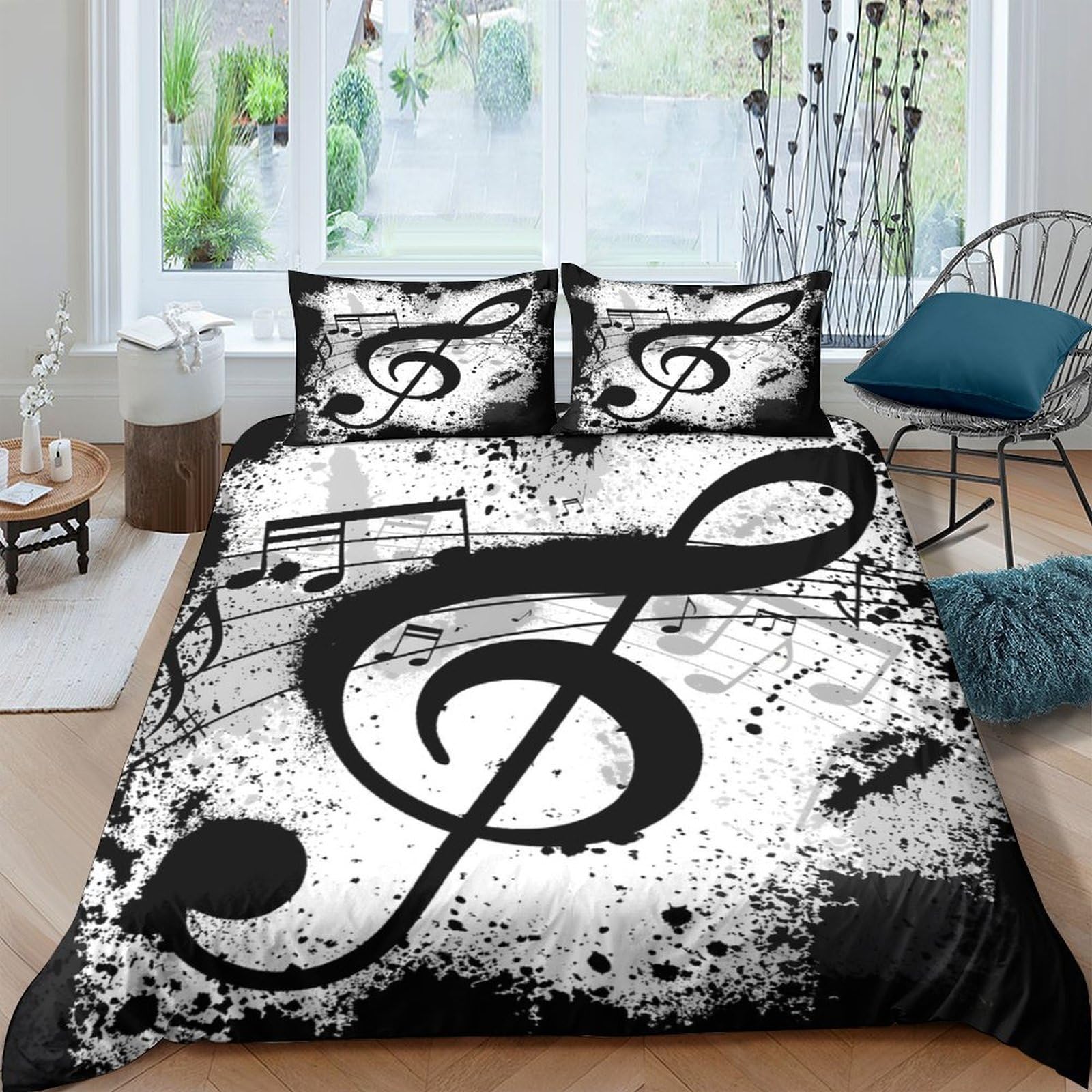 Ctjqhvkz Style-1 3D Printed Music Note Fitted Sheet Microfiber Soft Black White Splash Mattress Cover For Bedroom Dorm Bed Protection Decor Single（135X200cm）