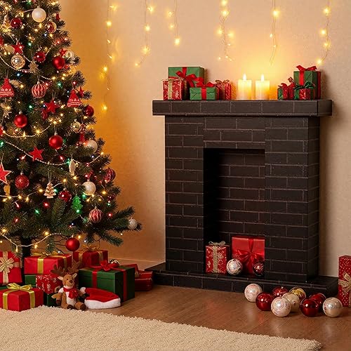 Miniatura 5 de Chimenea corrugada navideña de 35.5 x 29 x 8 pulgadas, ladrillo de cartón falso, telón de fondo de chimenea 3D Life, soporte para decoración de