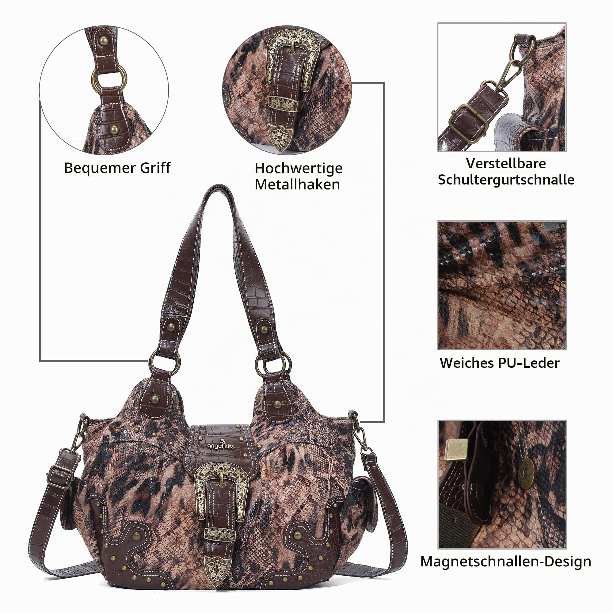 Angel Kiss Damen Handtasche Hobo Mittelgroß Shopper Weiches PU mit Metallnieten Wasserdicht Multifunktionale Reißverschluss viele Fächer Retro für Frauen Dating Party Alltag Büro Arbeit