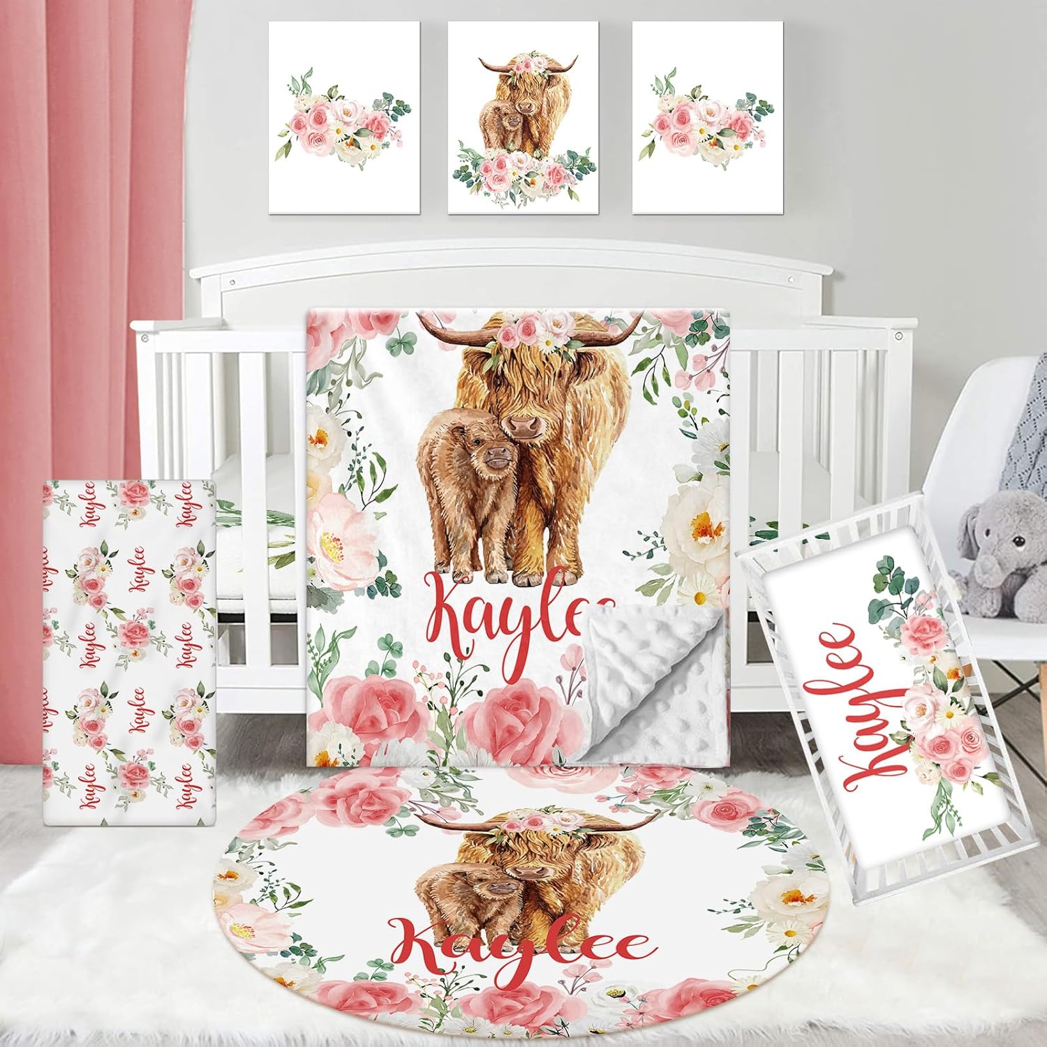 Personalized Baby Crib Bedding Set, Custom Name Blanket with Dotted Backing, 5 Piece Custom Gift Highland Cow Crib Bed Set for Baby Infant Shower Birthday, Floral Crib Bedding Gifts Style11
