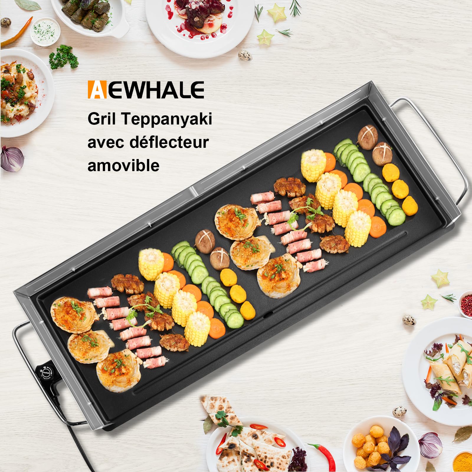 AEWHALE Plancha Électrique XXL 2400W-Grill électrique avec pare-éclaboussures en acier inoxydable & Thermostat réglable - Revêtement antiadhésif,Pour intérieur & exterieur,Extra Large (90x33cm)