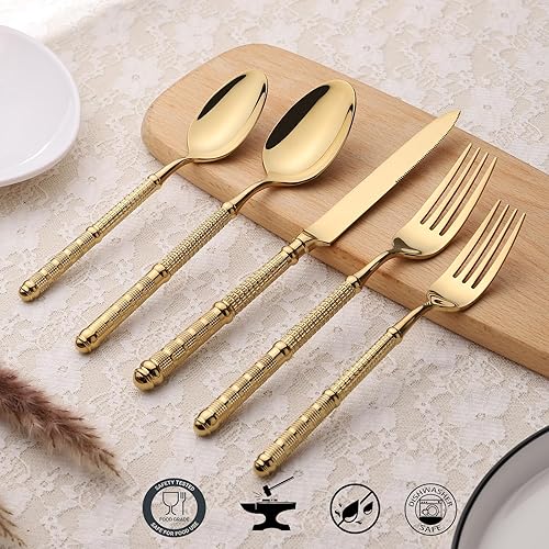 Miniatura 6 de Juego de cubiertos dorados de 5 piezas de acero inoxidable 1810 forjado manual pulido juego de cubiertos chapado en titanio con mango DOMEe de lujo