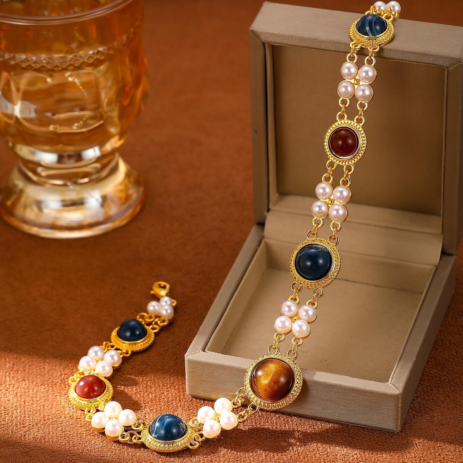 Vintage Gemstone Choker Necklace for Women - 18K Gold Plated Statement Jewelry with Faux Pearls & Multi-Color Stones, Adjustable Length - Image 4