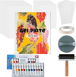 Gel Printing Plate Kit, Complete Printmaking Set with 9'' x 12'' Gelatin Plate, Brayer, Printmaking Paper, Acrylic Paint a...