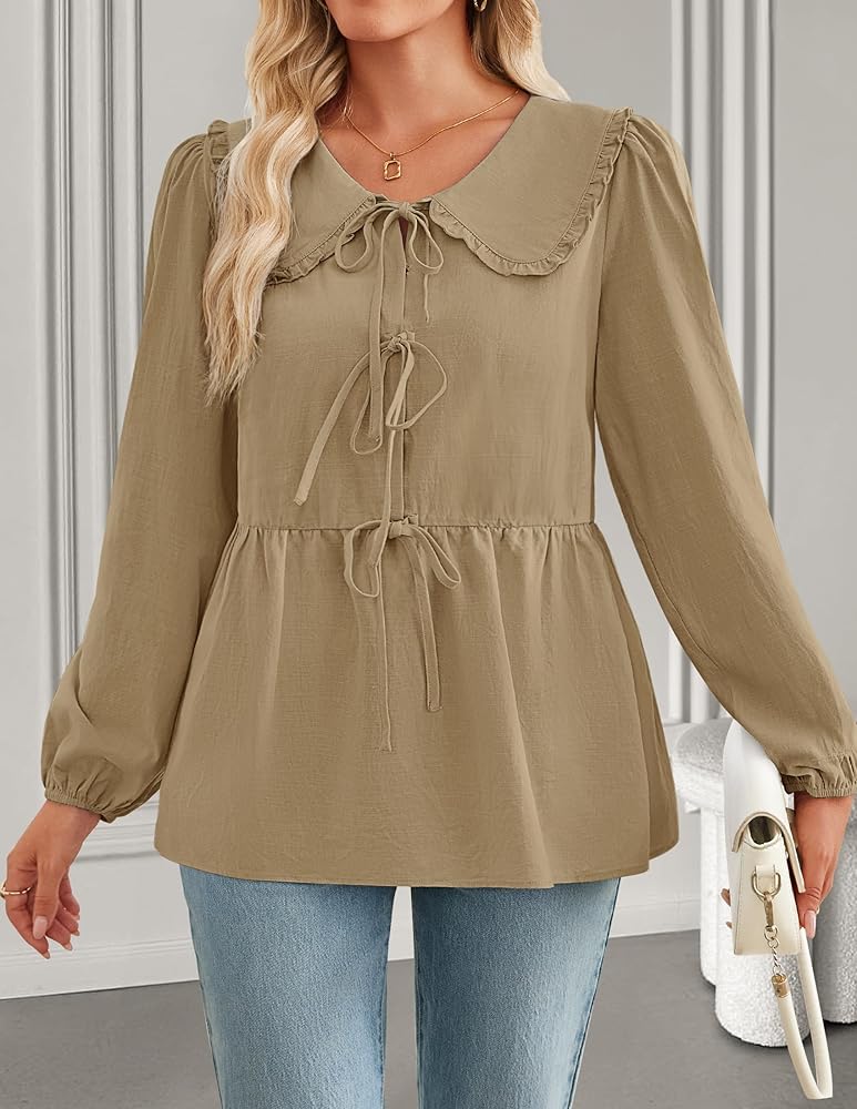 ZESICA Women's Tie Front Peplum Tops Long Puff Sleeve Lapel