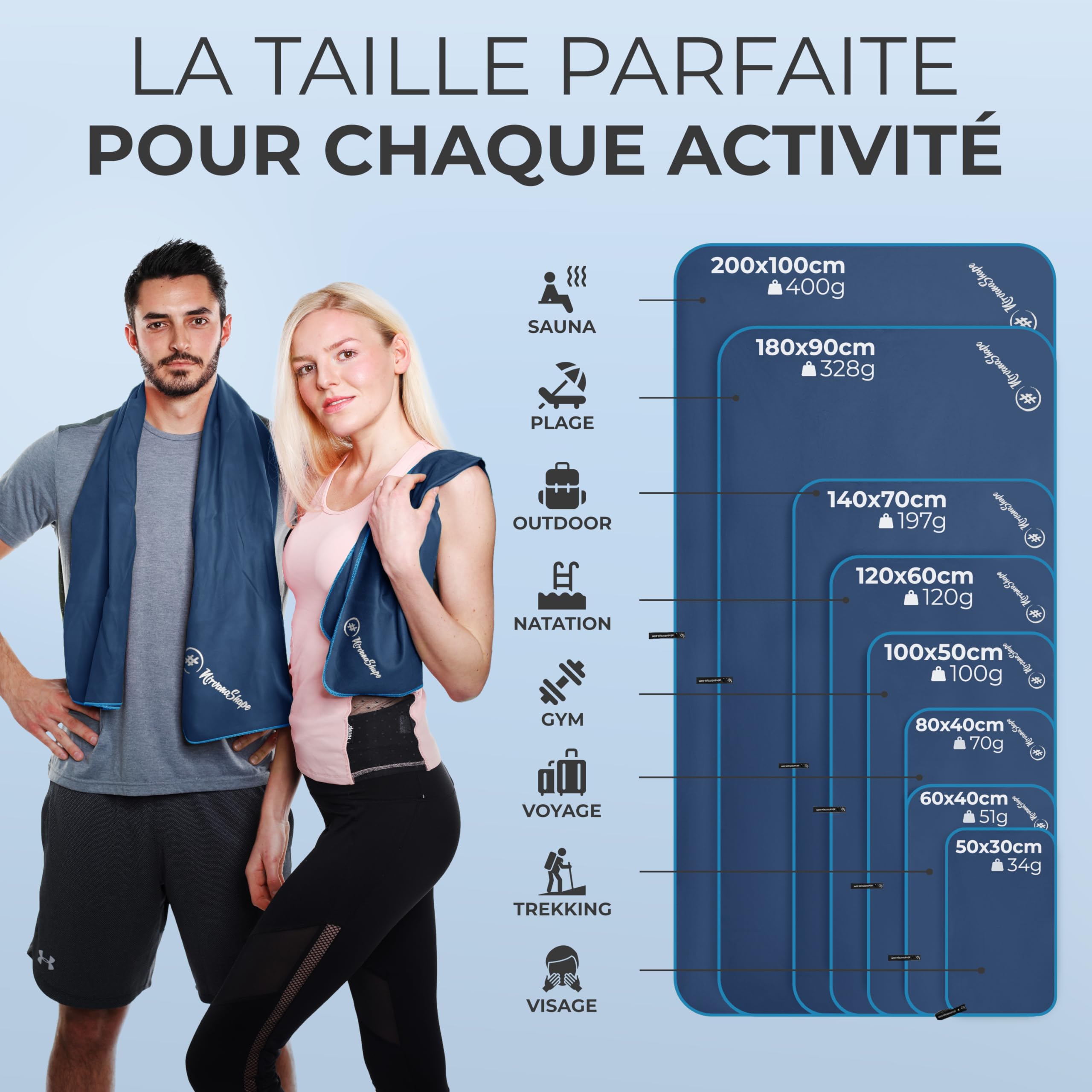 NirvanaShape Serviette Microfibre| Séchage Rapide, Légère, Absorbante | Serviette de Sport/Serviette de Bain de Voyage| Idéal pour Le Sport, Le Plein Air, la Plage, Le Camping et Le Sauna