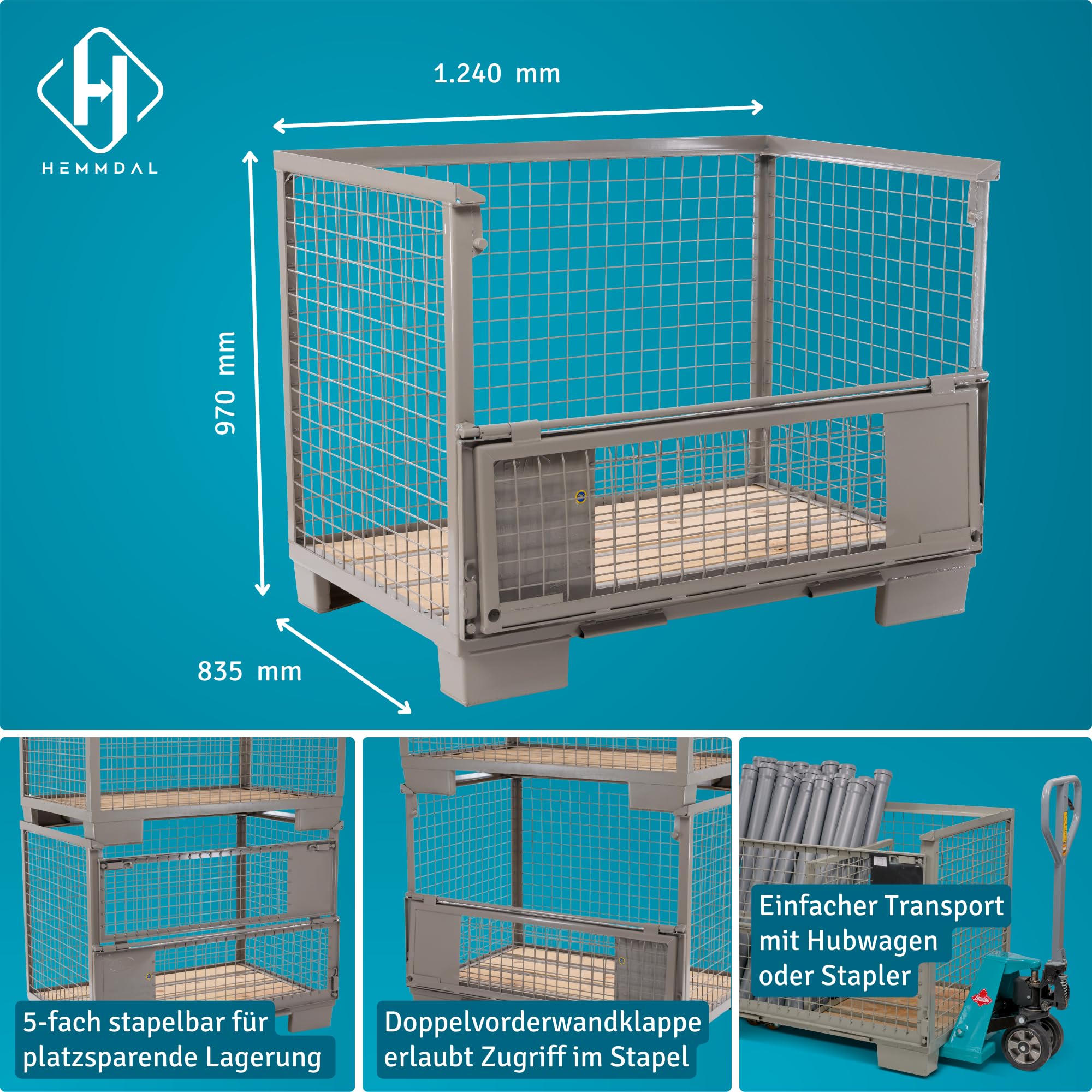 HEMMDAL Euro-Gitterbox mit 2 Doppelvorderwandklappe | 1.500 kg Tragkraft | HxBxT 97 x 124 x 83,5 cm | Grau | 5 x 5 cm Maschenweite | aus Stahl | stapelbar | tauschfähig | Gitterbehälter