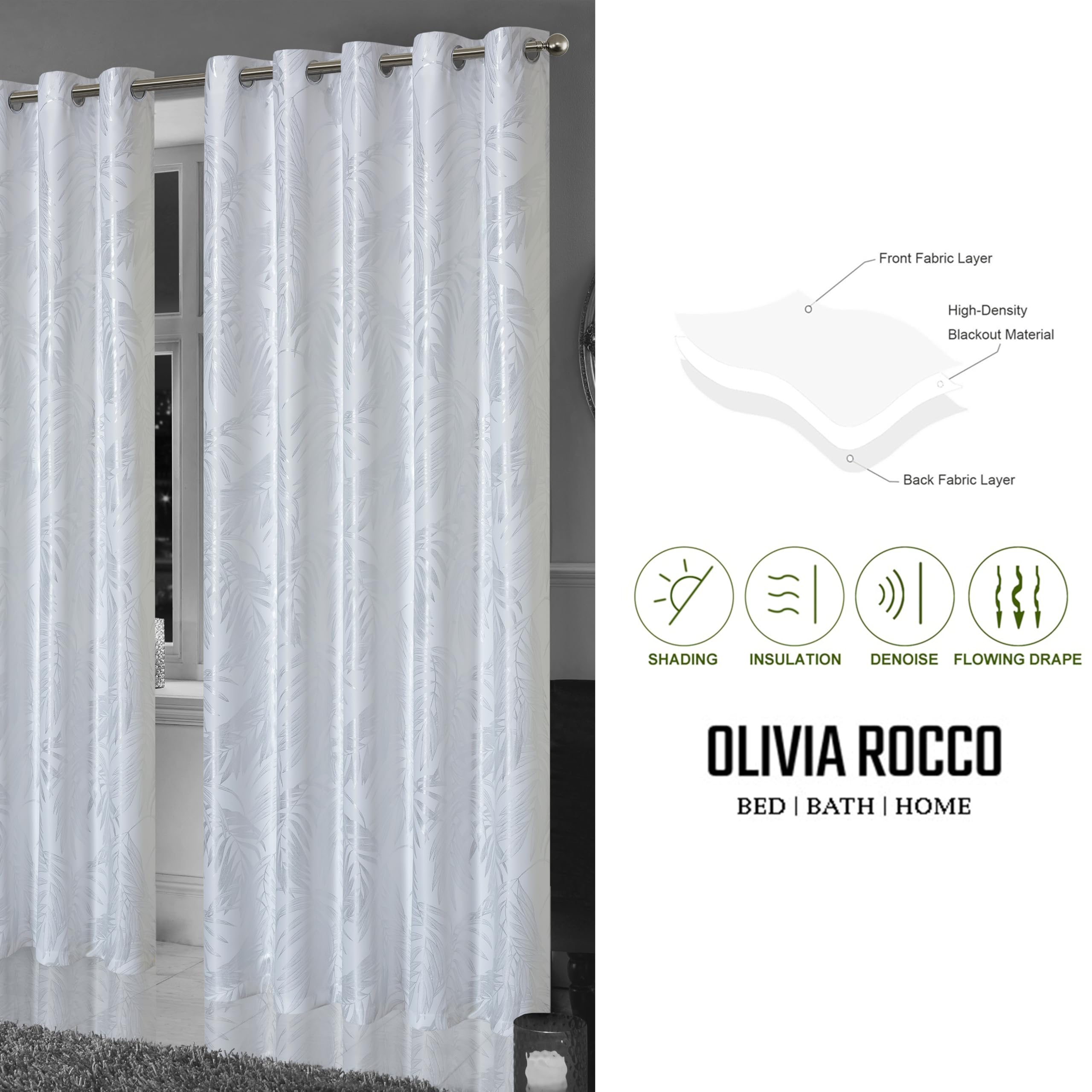 Olivia Rocco Leaf Sparkle Curtains Super Soft Thermal Insulated Ring Top Eyelet Curtain for Living Room Bedroom Drapes Window Black 2 Panels Home Decoration - Image 4