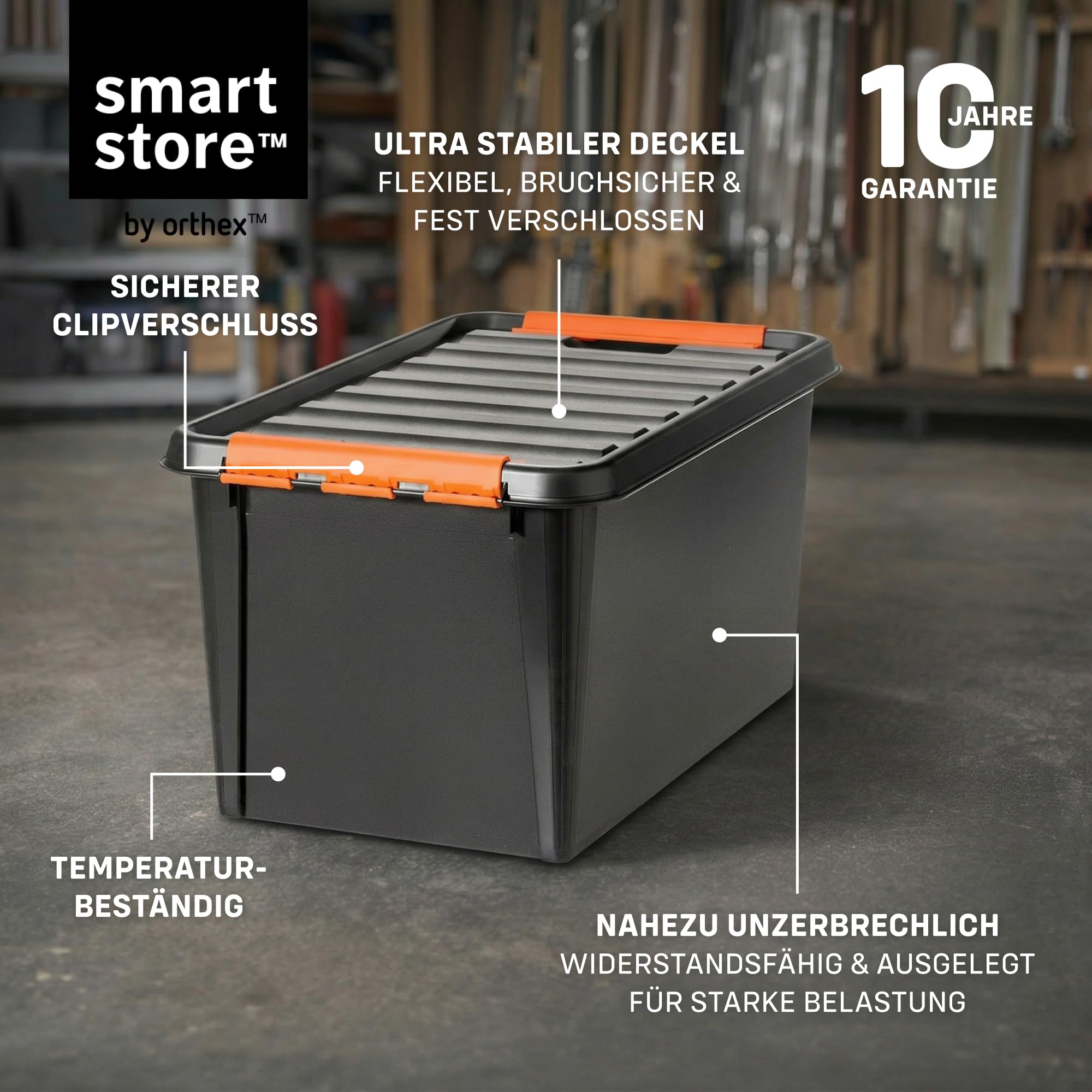 SmartStore Extrem robuste Kunststoff-Aufbewahrungsbox mit Deckel I 49 Liter I Für Garage, Regale, Umzug I 4er Set Stapelboxen mit Clipverschluss I Werkzeugaufbewahrung I BPA-frei I 59 x 39 x 34 cm