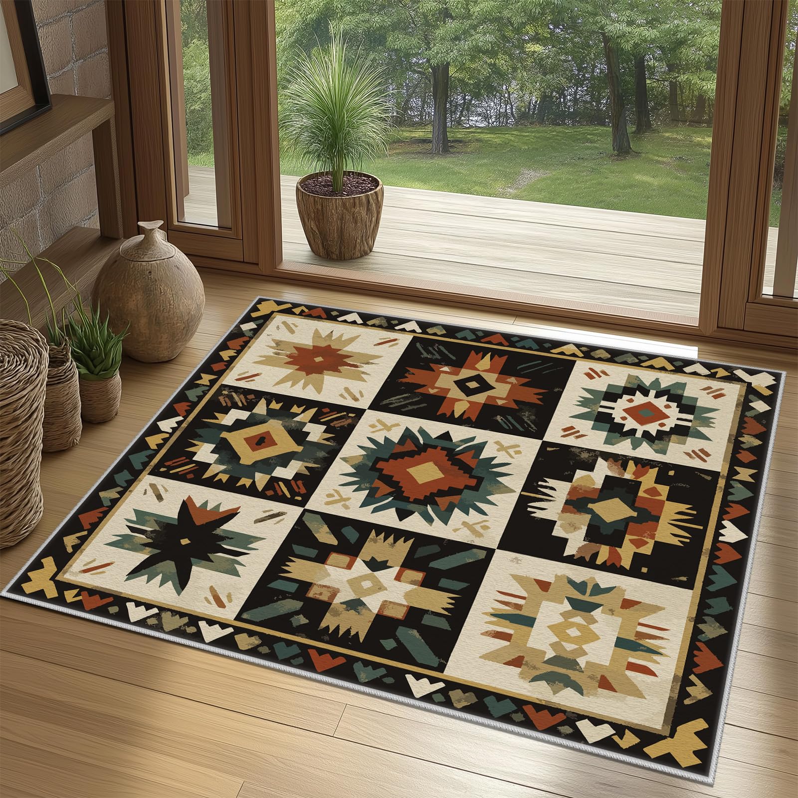 Navajo Aztèque Tapis de Salon Lavable en Machine Antiderapant Amérindien Western Tapis Chambre Adulte Descente de Lit 120x160cm Carpet Interieur Doux et Moelleux Salle à Manger