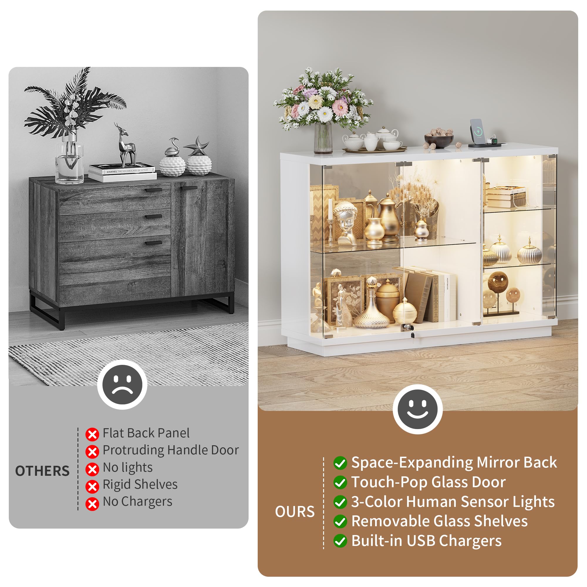 Vitrine mit LED Beleuchtung, Intelligente Sensorik für Wohnzimmer,Weiß | Vitrinenschrank mit Abschließbar Glastüren,Glasvitrine mit 3 Lagen Sammlervitrine für Schlafzimmer Büro,Studie